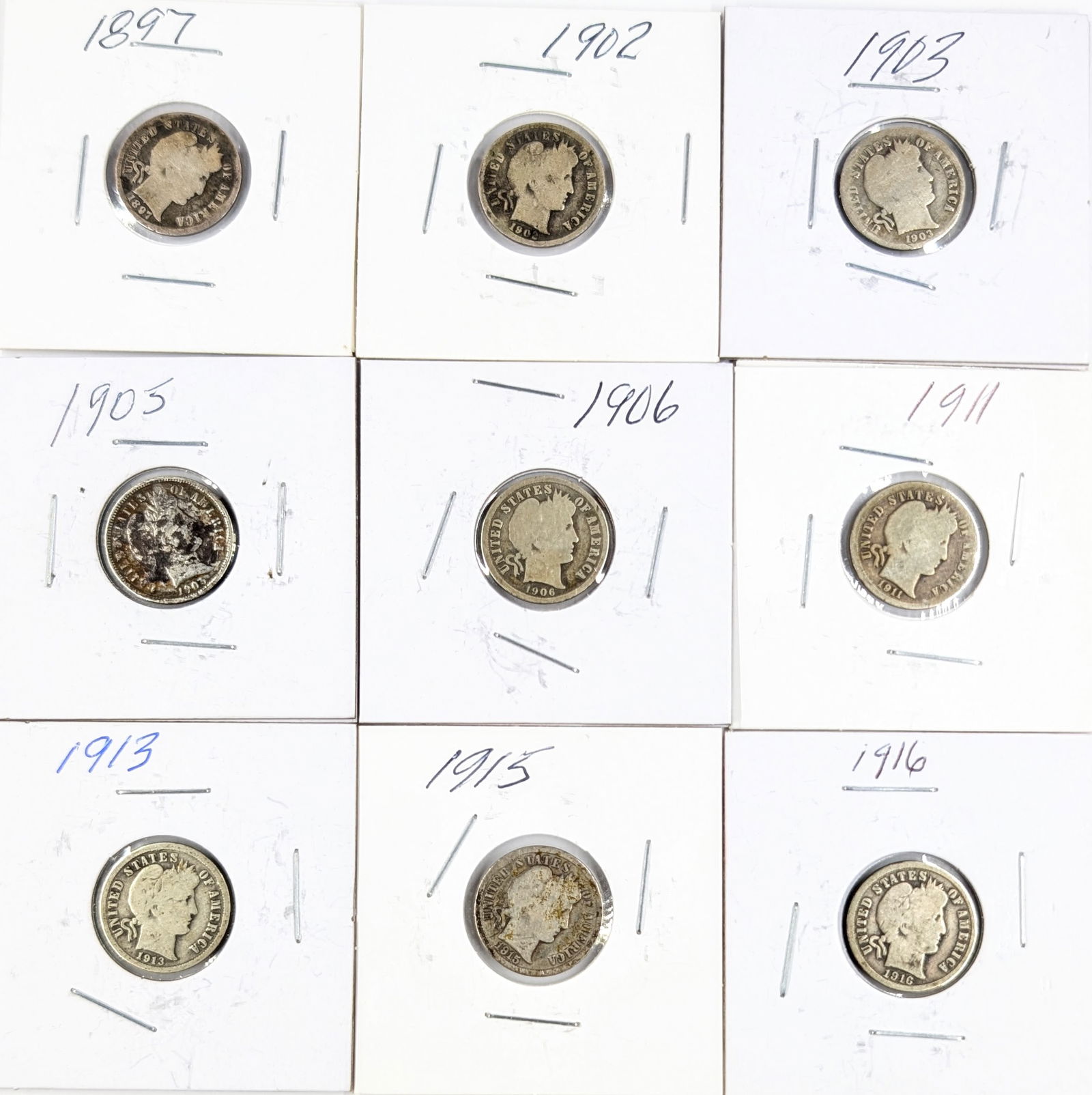 Lot of 9 Silver Barber Dimes - 1897-1916 (1 of 2)