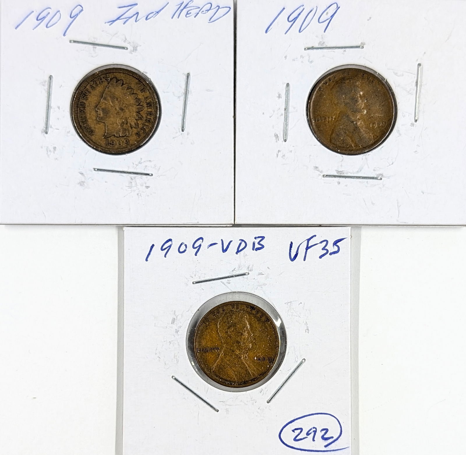 Lot of 3 Cents- 1909 Indian Head, 1909 Wheat, 1909 VDB Wheat (1 of 2)
