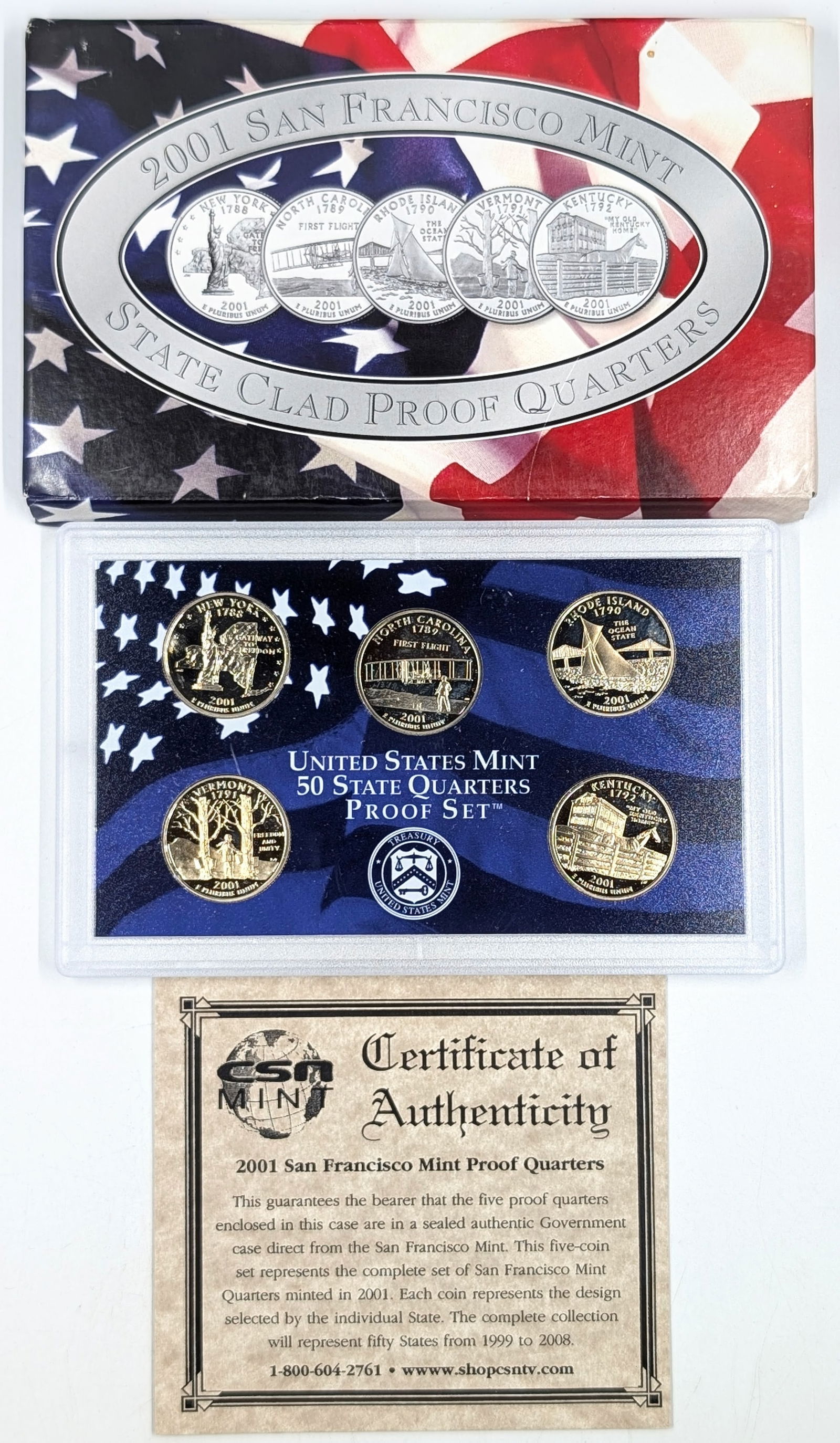 2001 San Francisco Mint State Clad Proof Quarters w/ COA - NY, VT, NC, RI, KY (1 of 2)