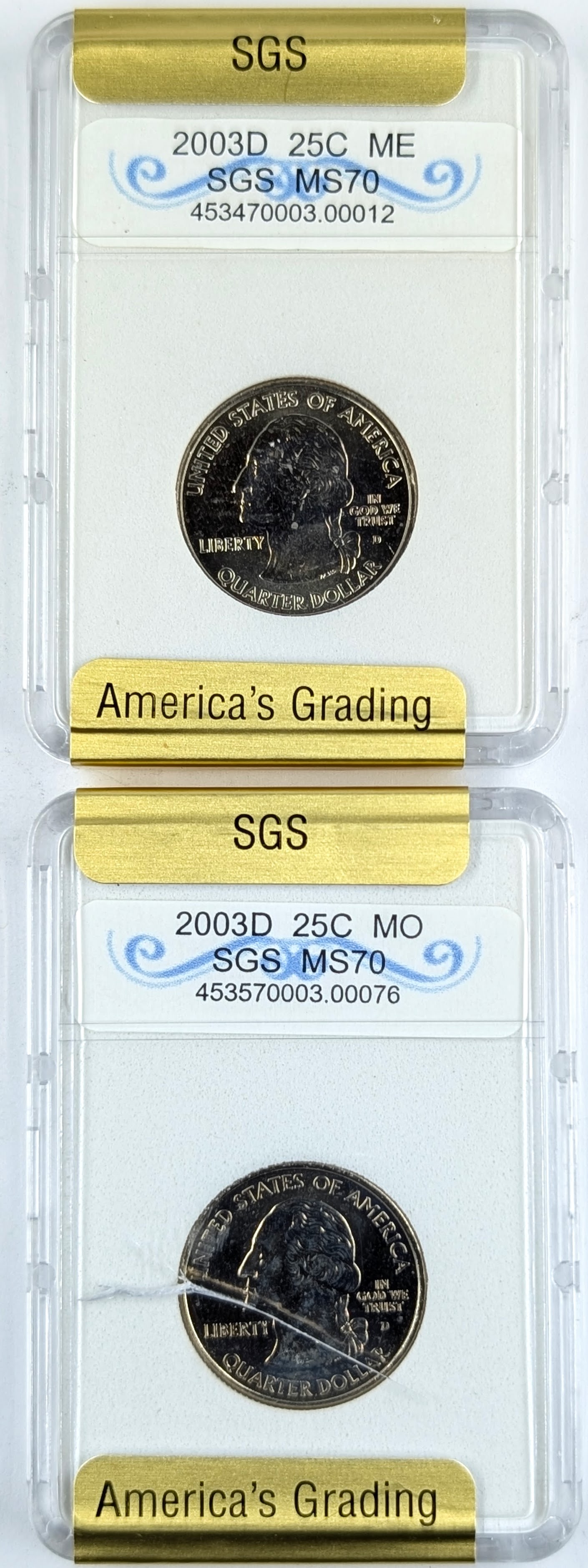 Lot of 2 SGS MS70 State Quarters - Maine, Missouri: _ 