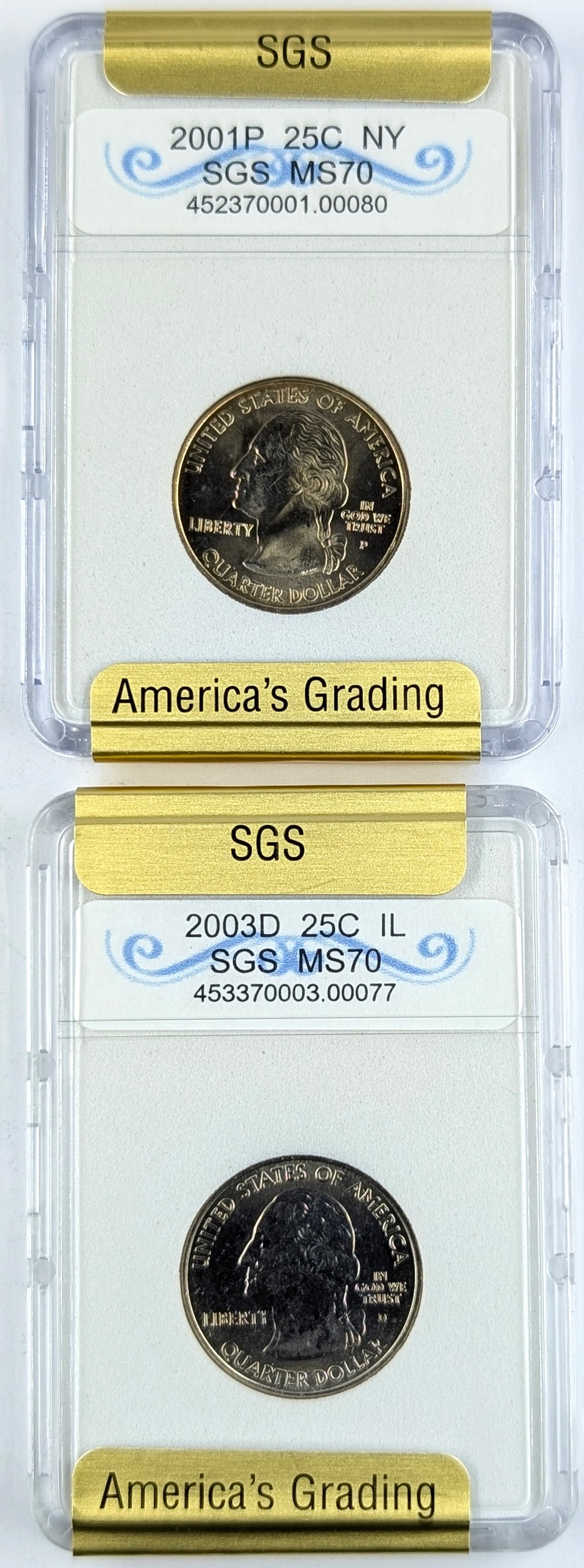 Lot of 2 SGS MS70 State Quarters - New York, Illinois: _ 