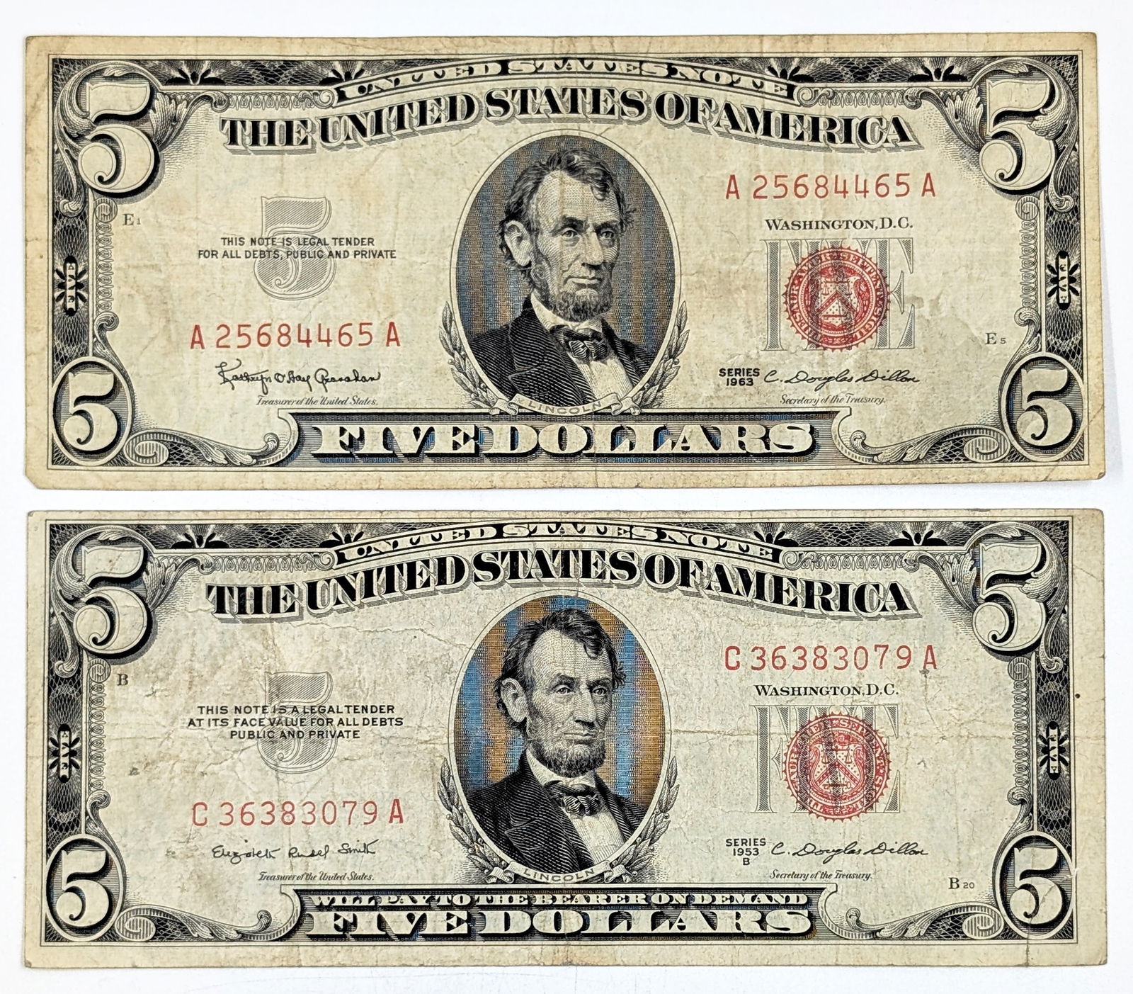 Lot of 2 $5 Notes - Red Seals - 1953-B, 1963 (1 of 2)