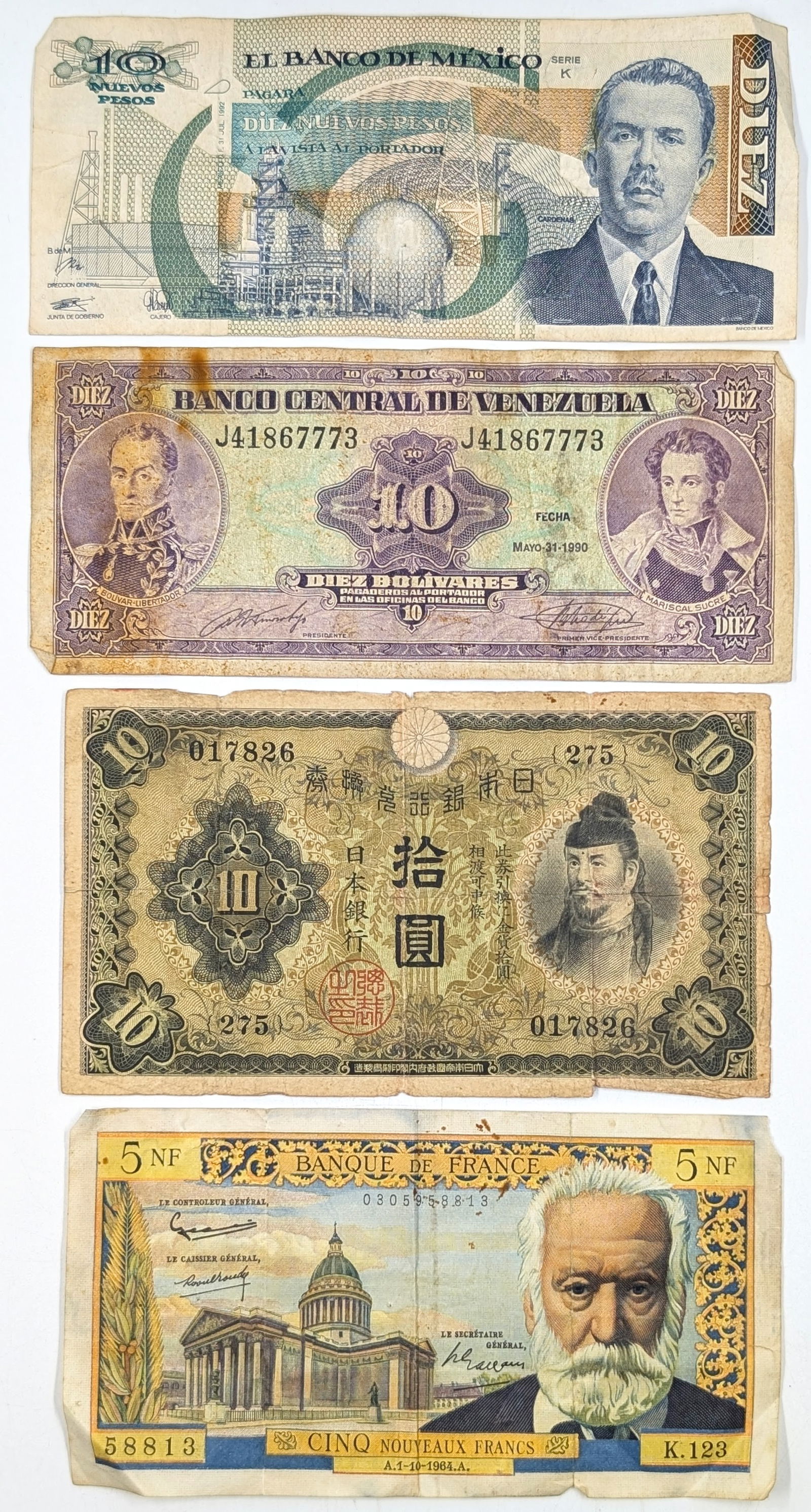 Lot of 4 Foreign Notes - Venezuela, Mexico, etc.: Circulated Condition 