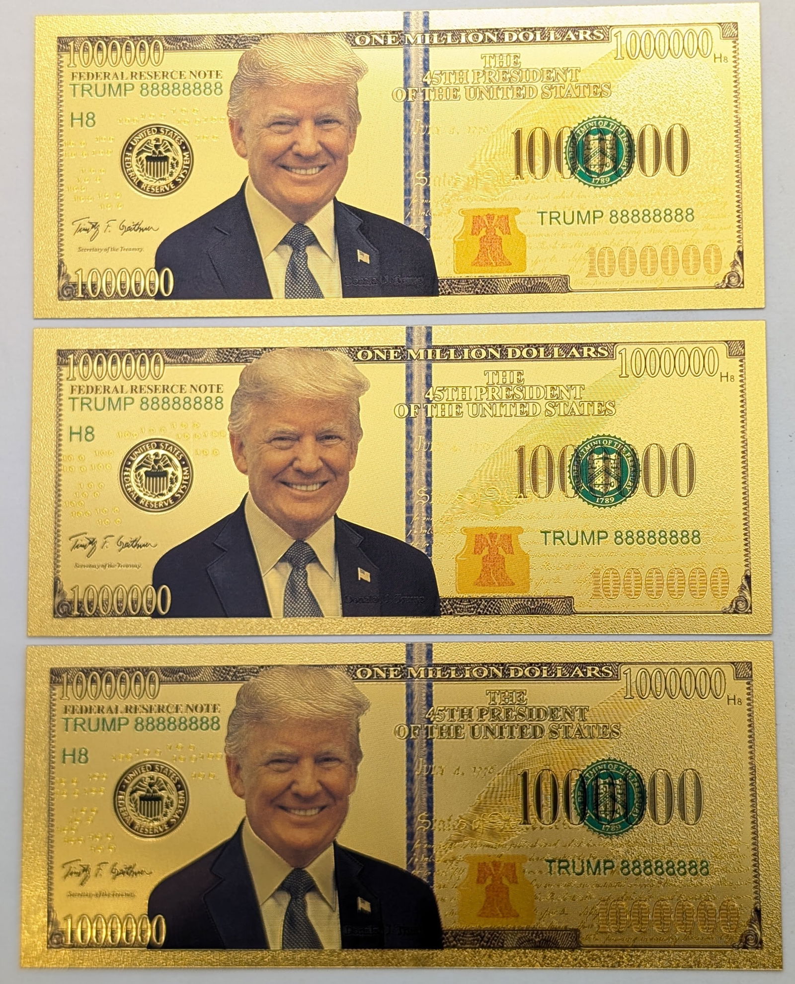 Lot of 3 Trump Gold foil $1,000,000 design: _ 