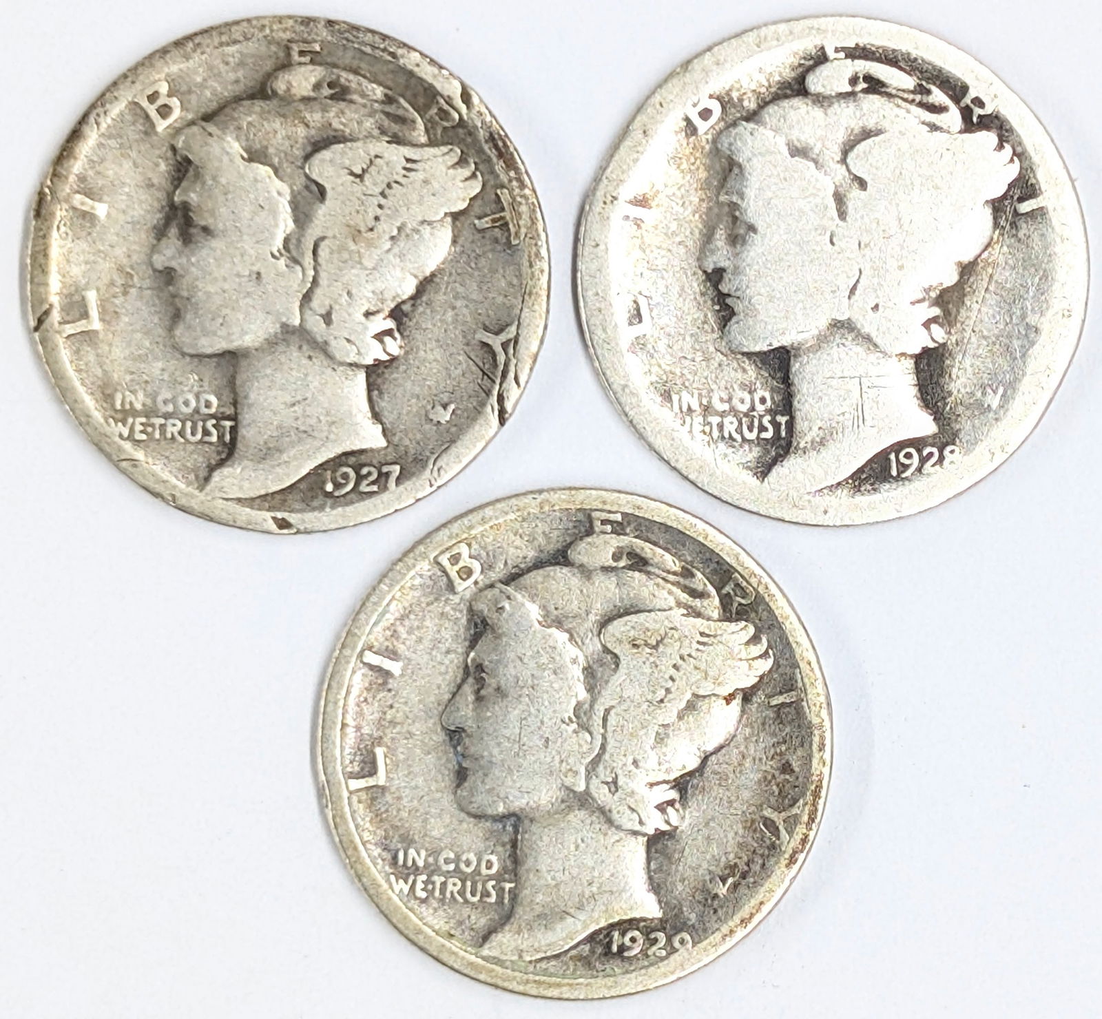 Lot of 3 Silver Mercury Dimes - 1927, 1928, 1929 (1 of 2)