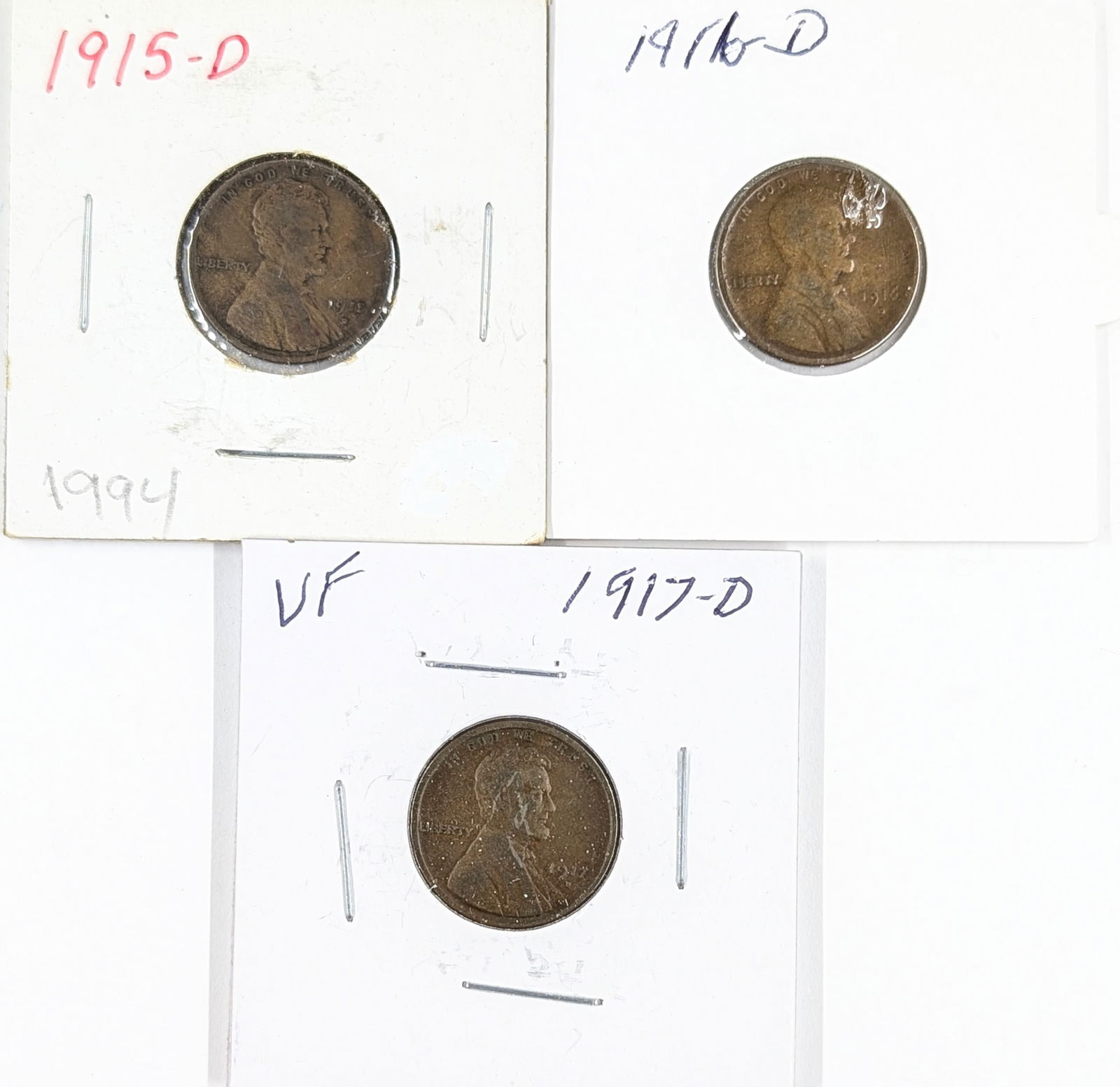 Lot of 3 Wheat Cents- 1915-D, 1916-D, 1917-D: _