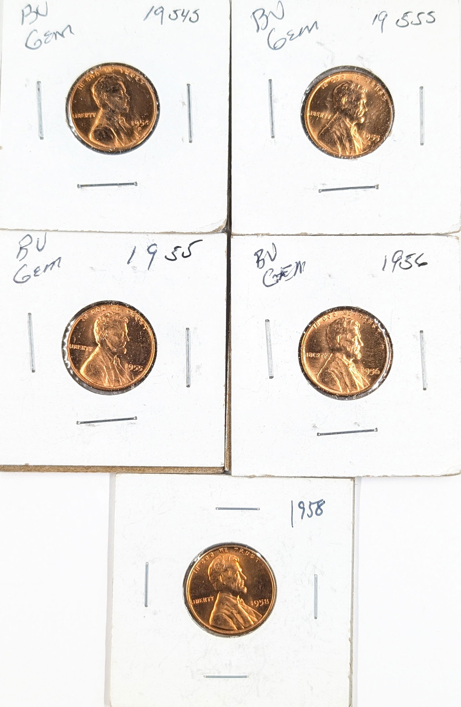 Lot of 5 Wheat Cents- 1954-1958- Uncirculated: _ 