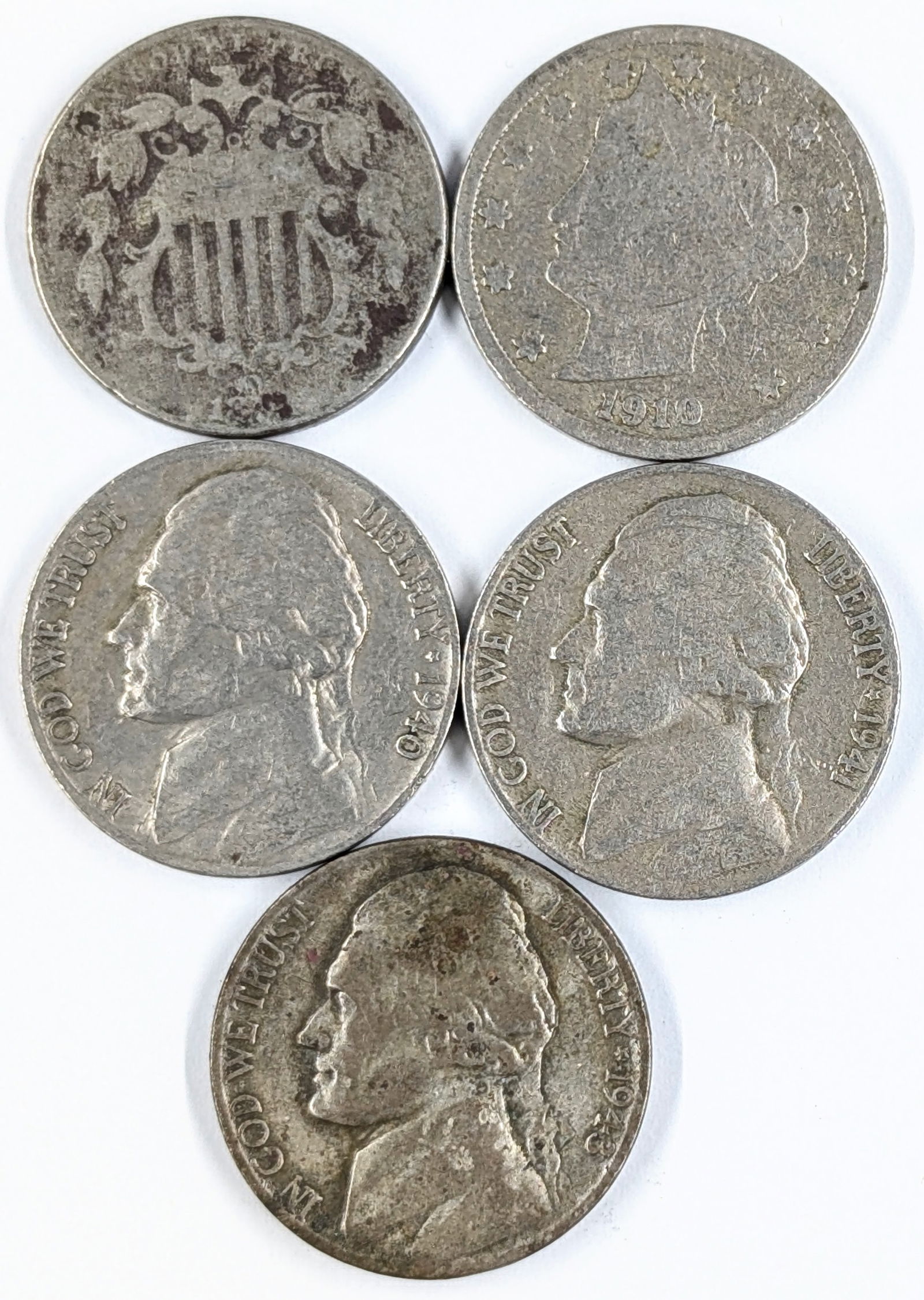 Lot of 5 Nickels - Shield, 1910 V, 1943-P War, 1940-S & 1941-D Jefferson (1 of 2)
