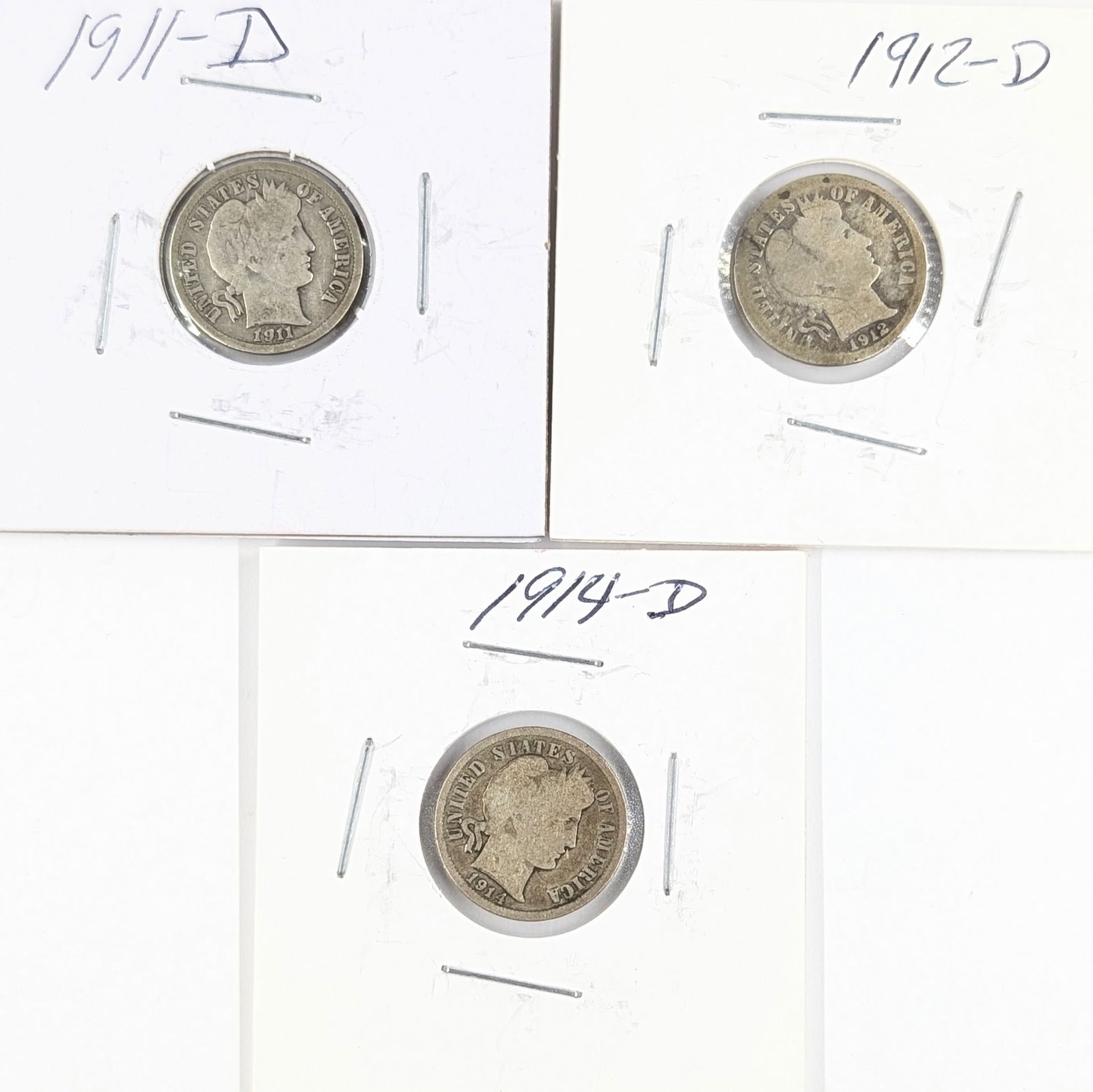 Lot of 3 Silver Barber Dimes - 1911-D, 1912-D, 1914-D: Silver