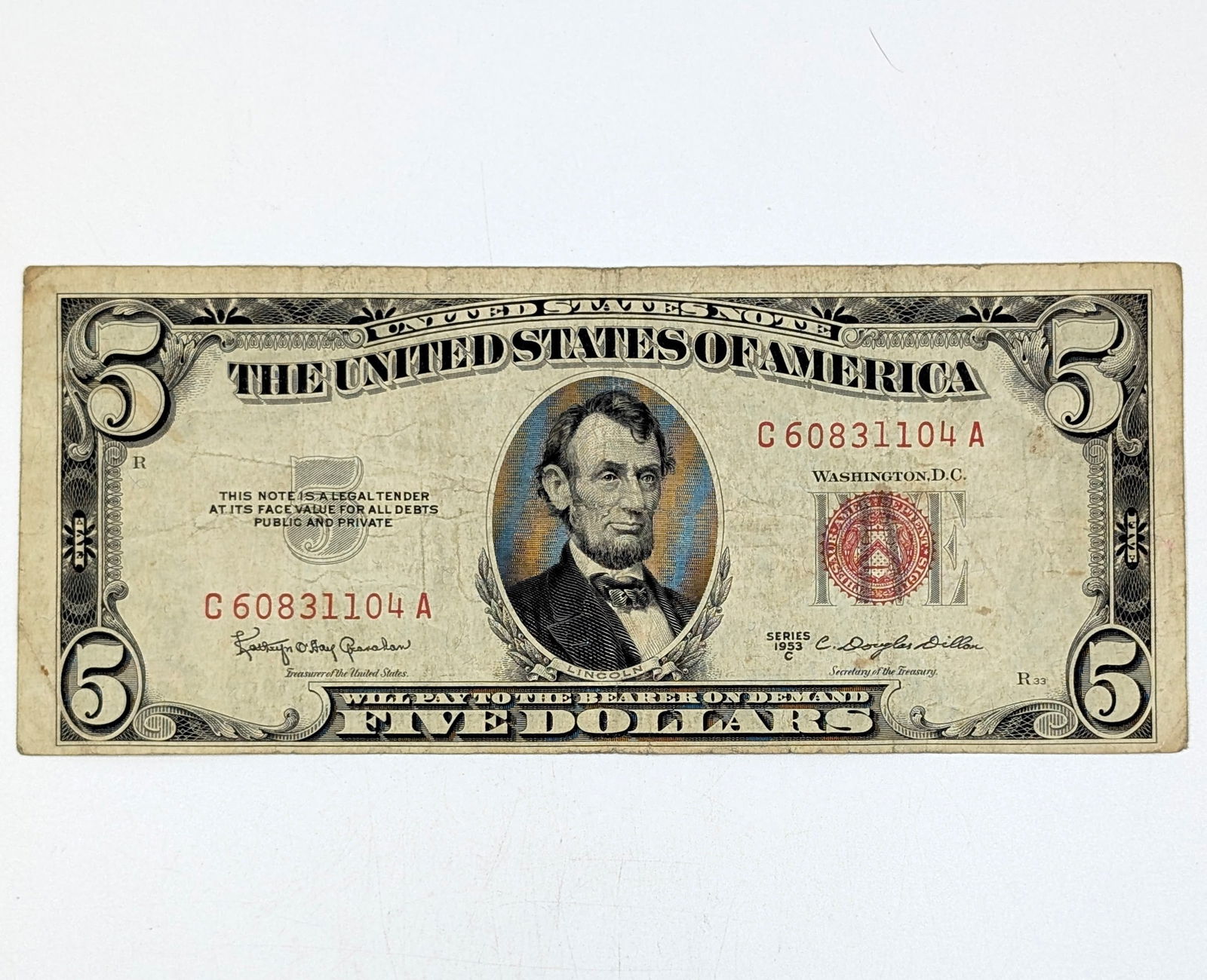1953-C $5 Note - Red Seal: Circulated Condition 