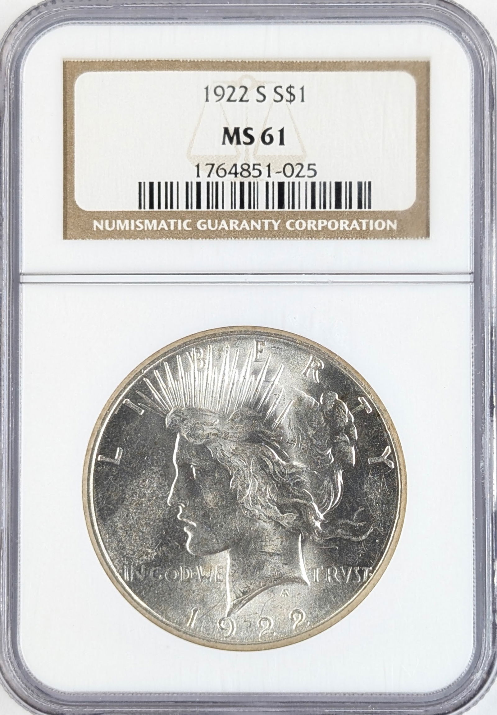 NGC 1922-S MS61 Silver Peace Dollar: Silver 