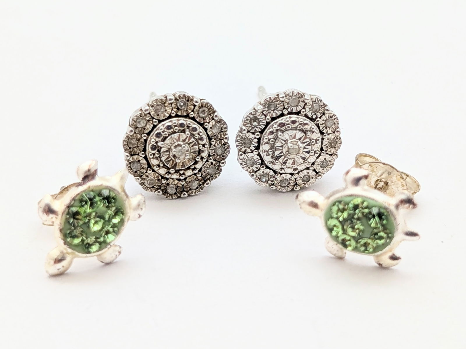 Lot of 2 Sterling Silver Rhinestone Ladies Stud Earrings - Turtles & Clusters: One back is missing 