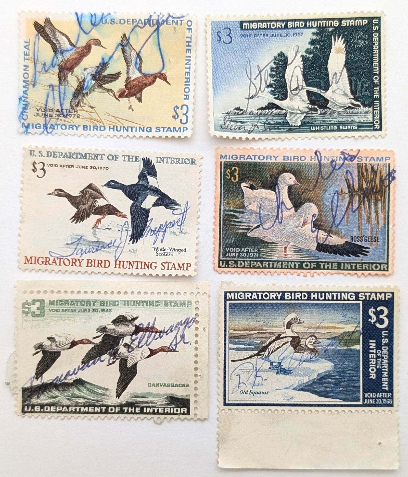 Lot of 6 Vintage Migratory Bird Hunting Stamps - 1960s-1970s: Includes Hunter signatures. 