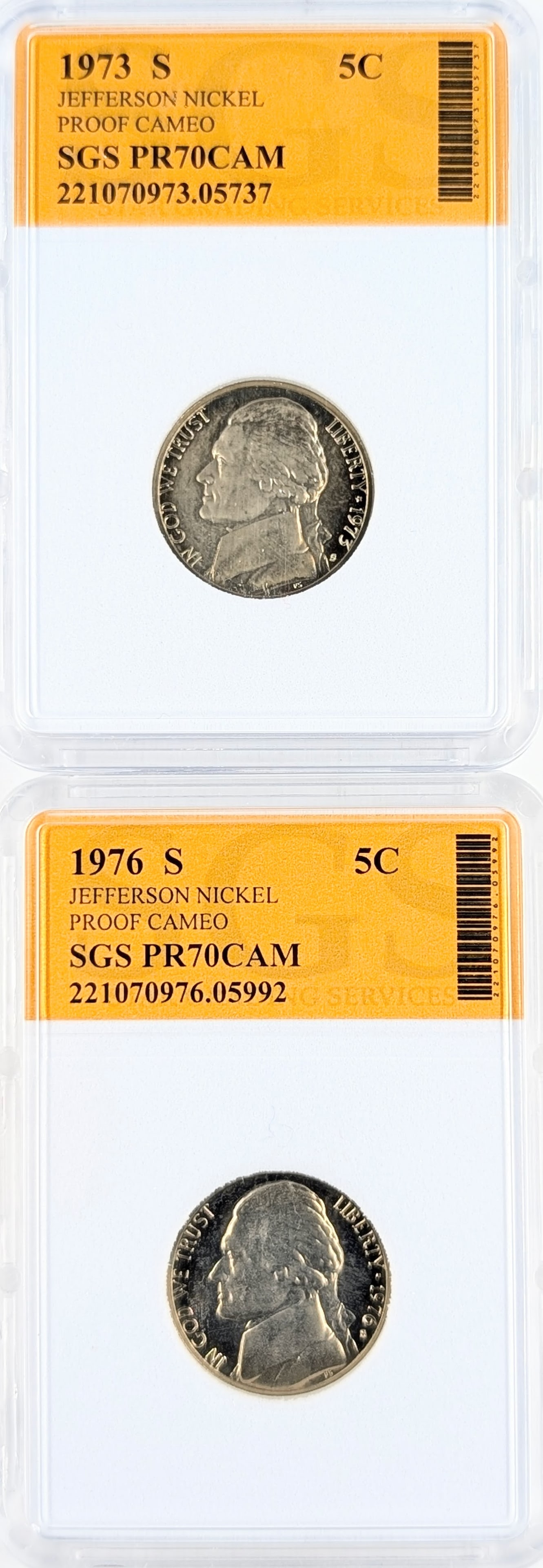 Lot of 2 SGS PR70 CAM Jefferson Nickels - 1973-S, 1976-S: Coin 