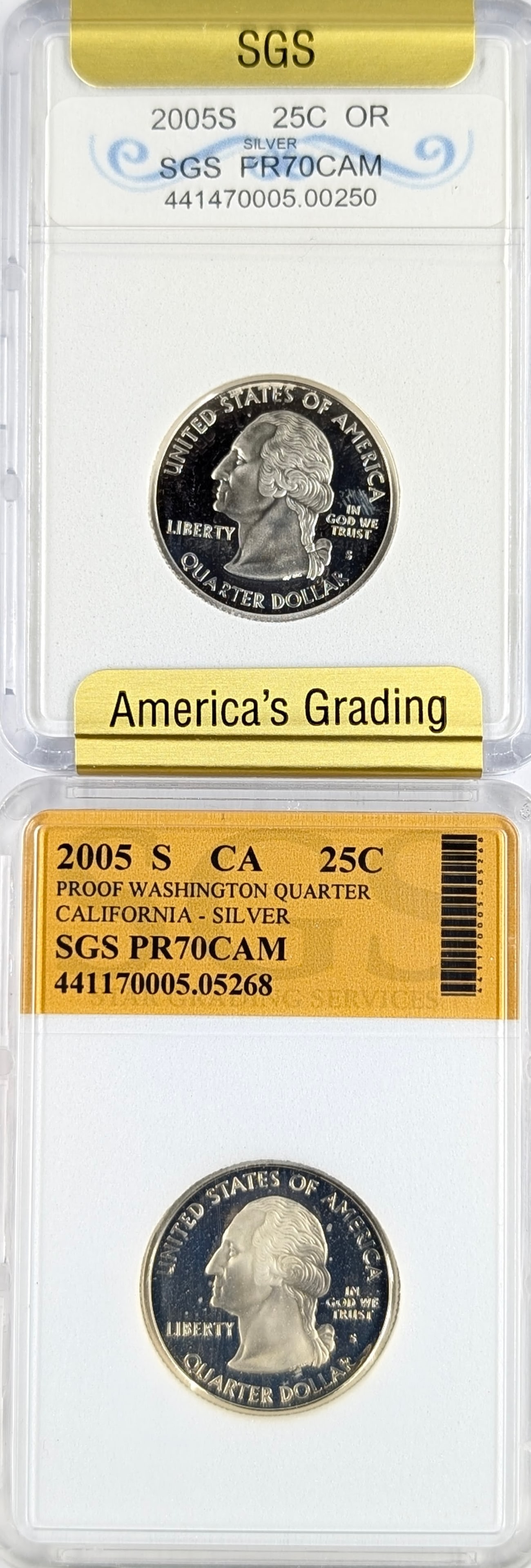 Lot of 2 SGS PR70 CAM Silver State Quarters - Oregon, California: Silver 