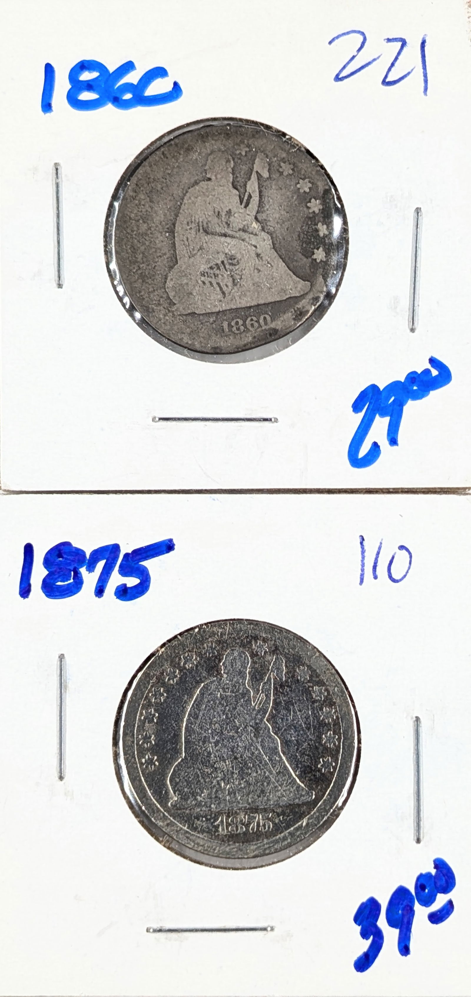 Lot of 2 Silver Liberty Seated Quarters - 1860, 1875: Silver