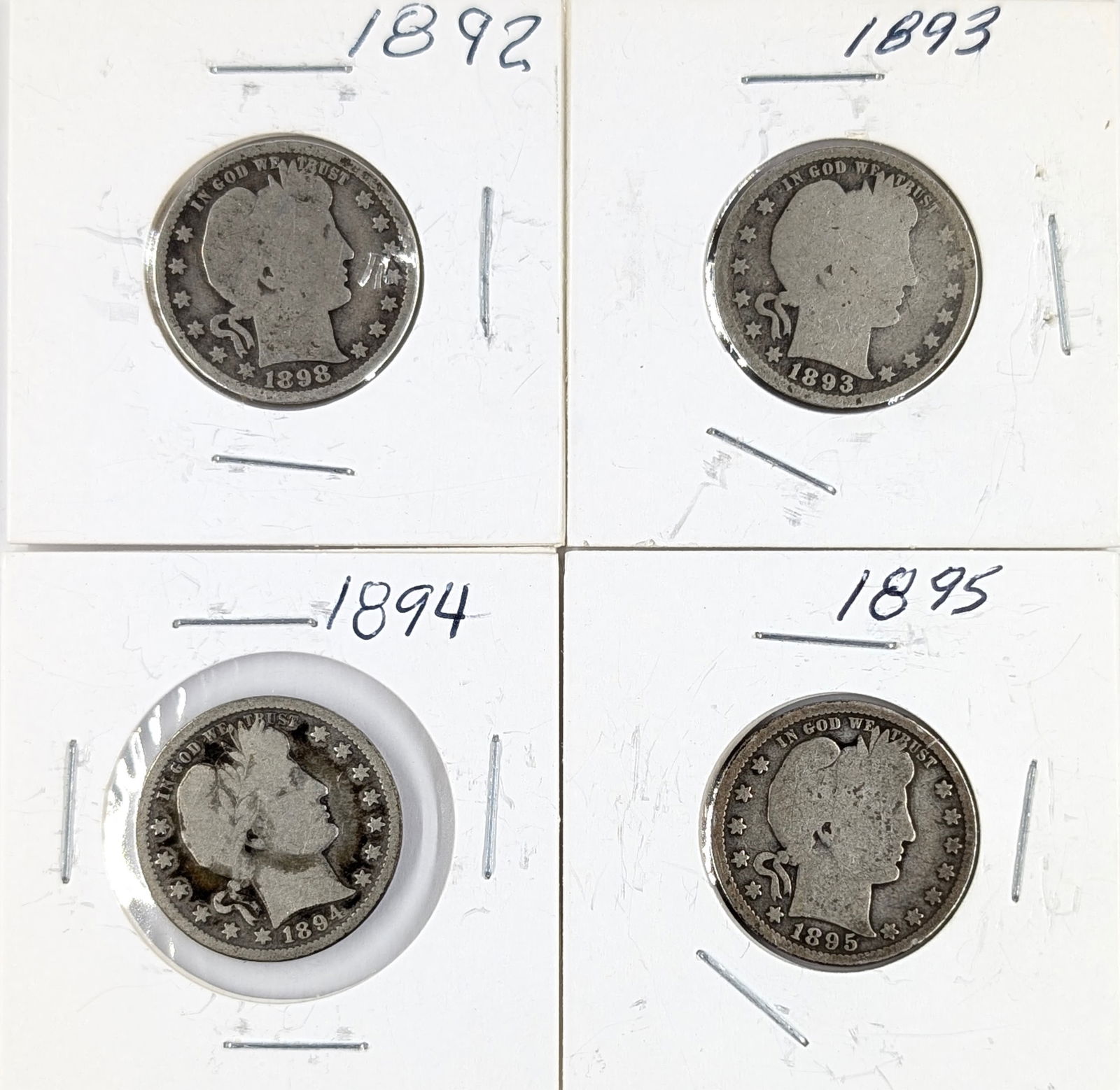 Lot of 4 Silver Barber Quarters - 1892-1895: Silver 