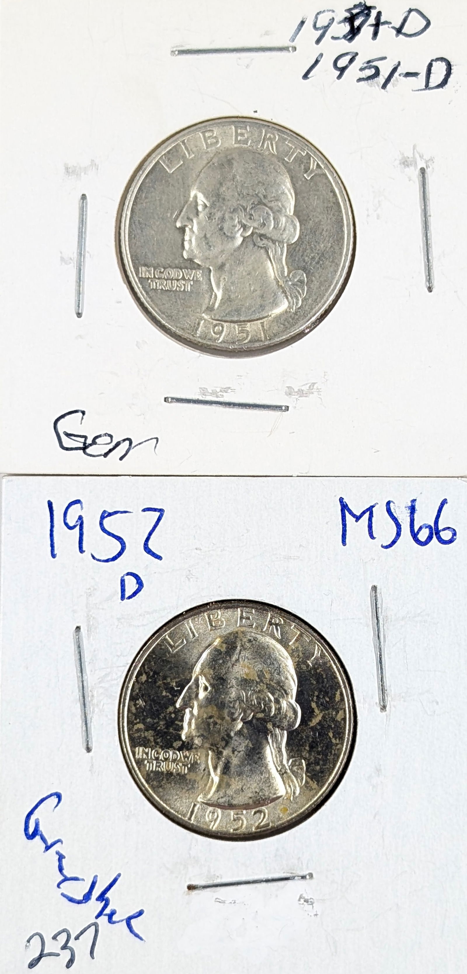 Lot of 2 Silver Washington Quarters - 1951-D, 1952-D: Silver 
