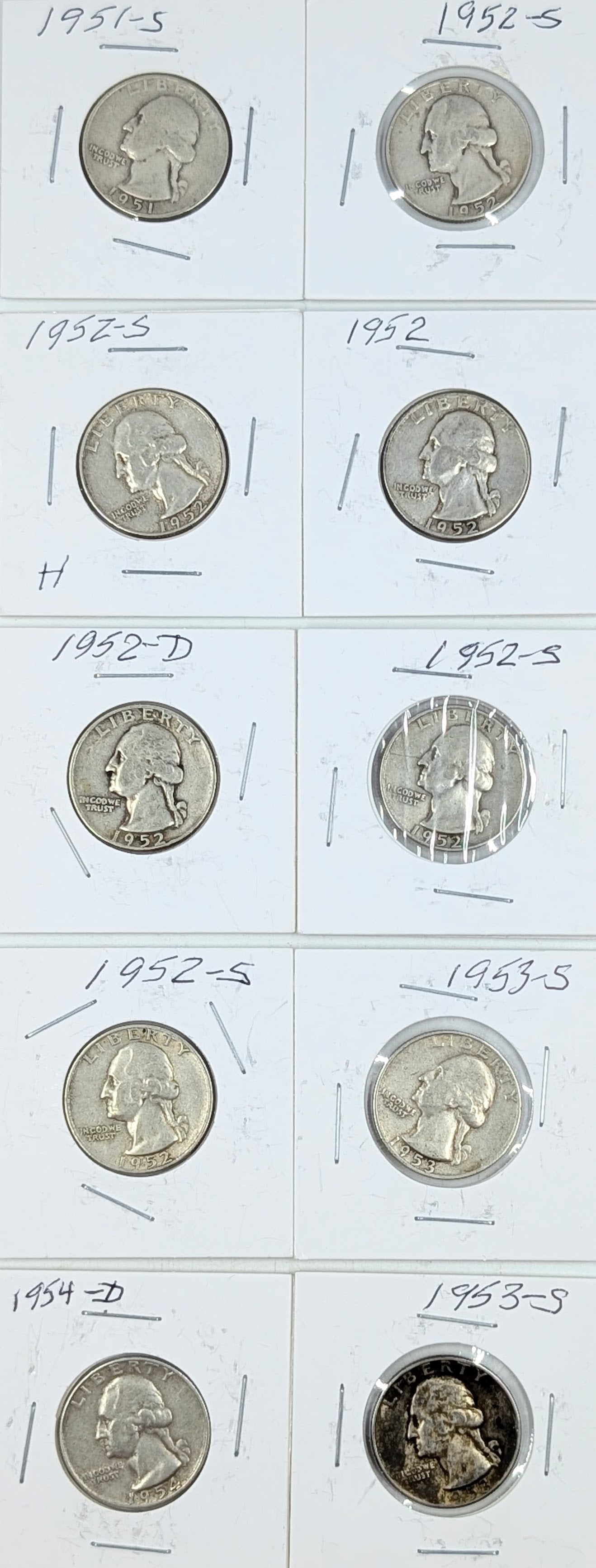 Lot of 10 Silver Washington Quarters - 1951-1954: Silver 