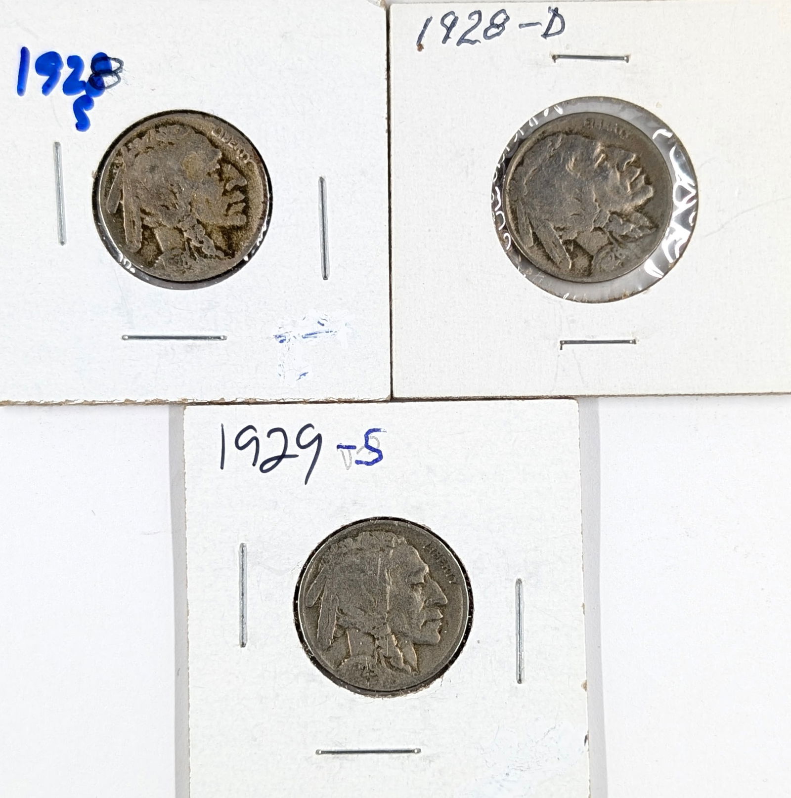 Lot of 3 Buffalo Head Nickels - 1928 D/S, 1929-S: Coin 