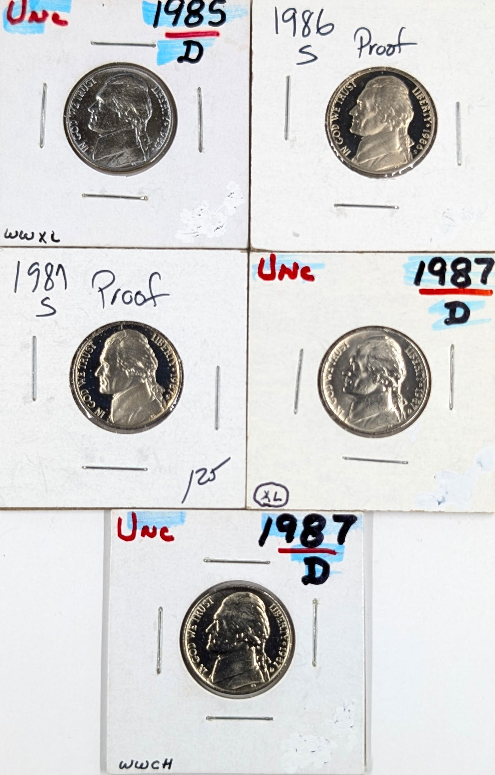 Lot of 5 Jefferson Nickels - 1982-1987 - Proof or Uncirculated: Coin 