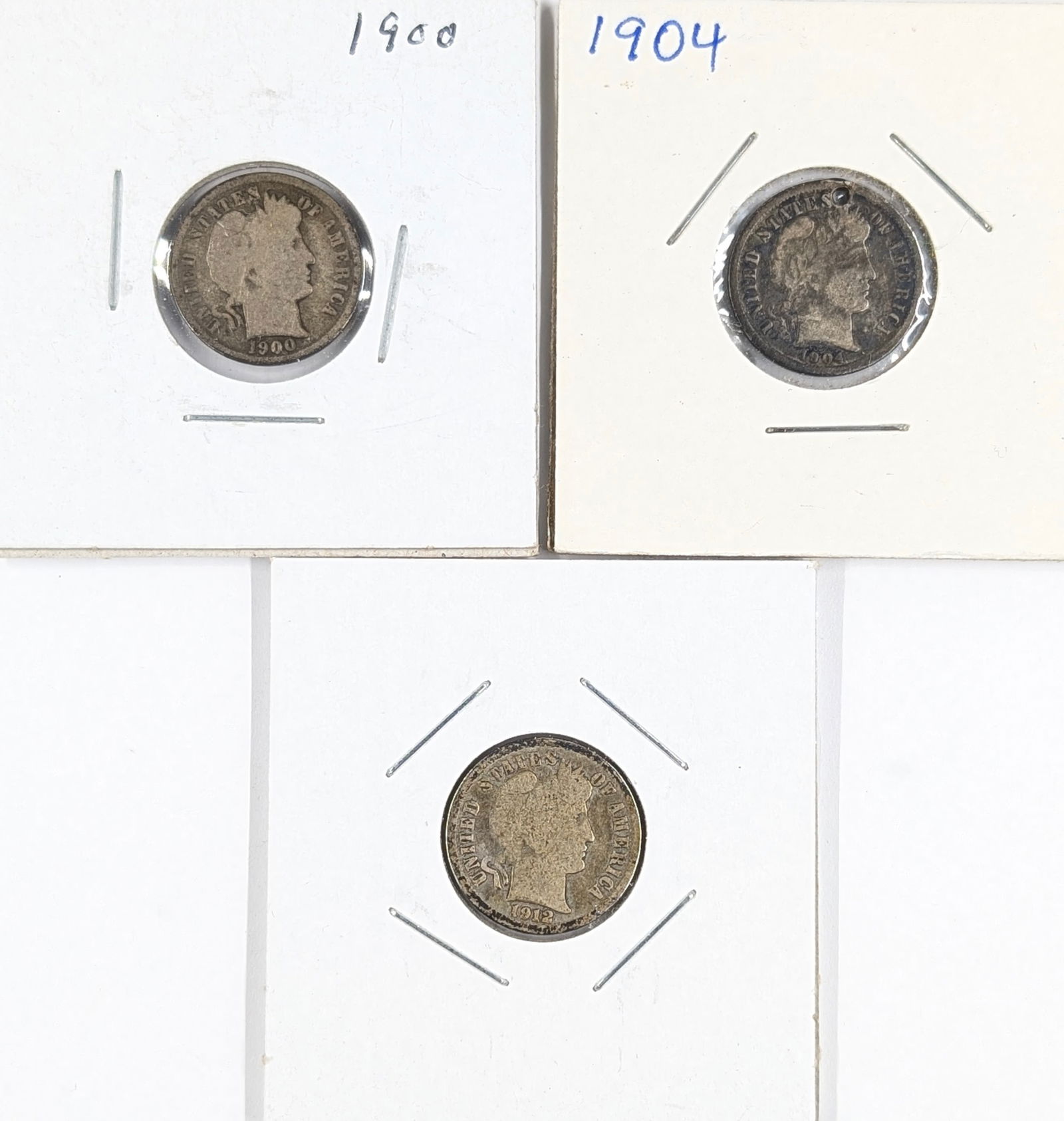 Lot of 3 Silver Barber Dimes - 1900, 1904,1912: Silver