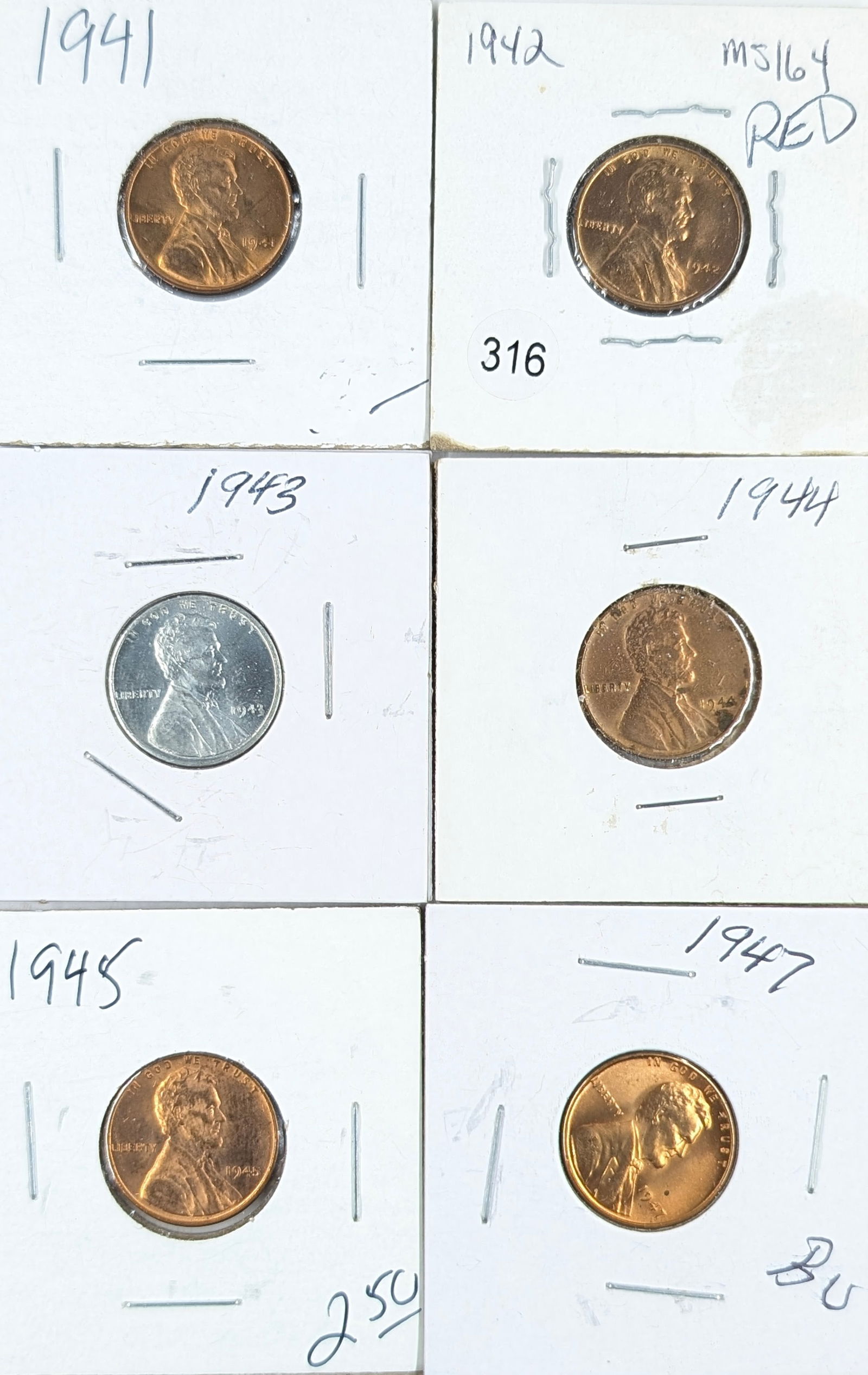 Lot of 6 Wheat Cents - 1941-1947 w/ 1943 Steel Cent!: Coin