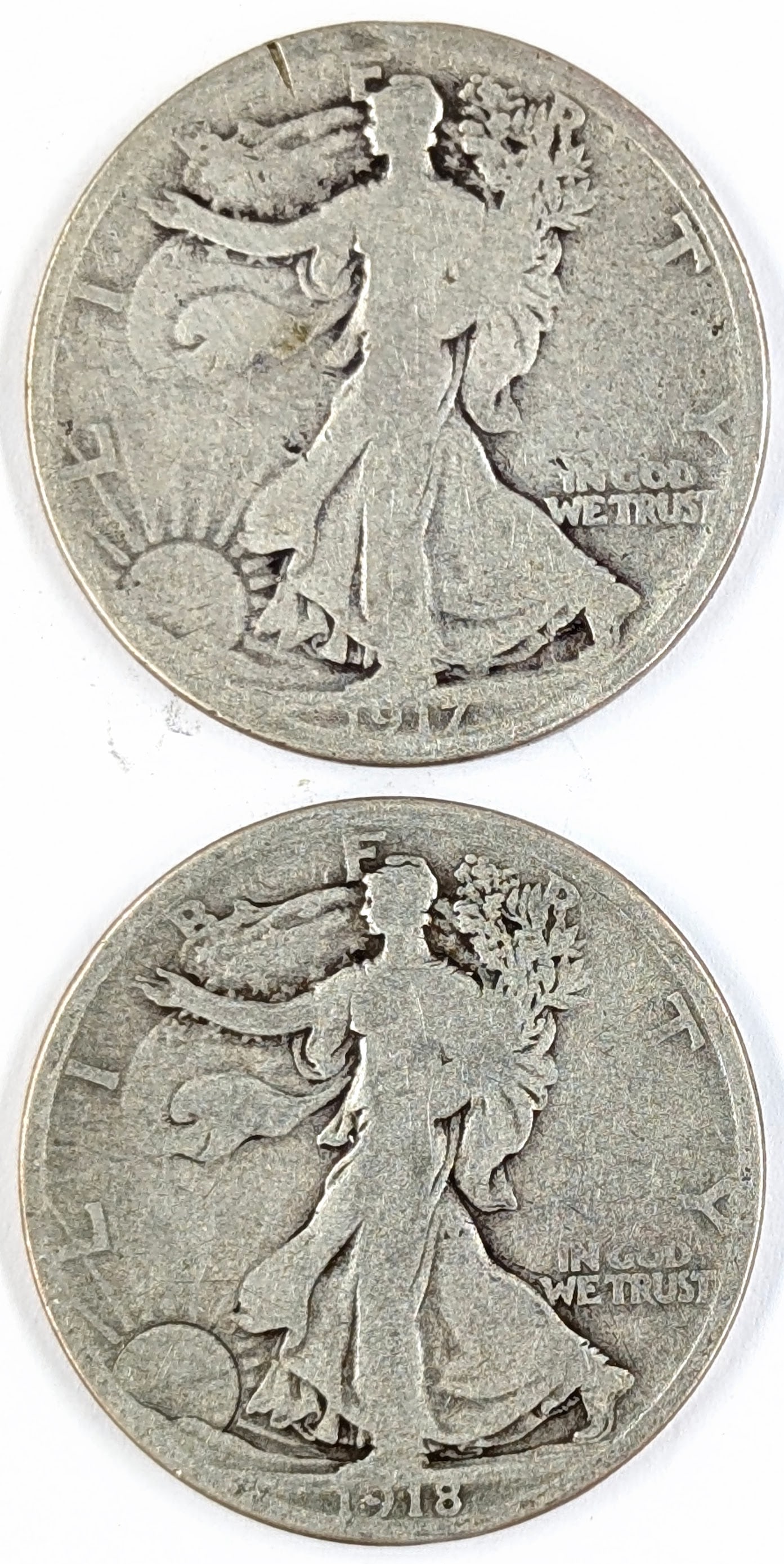 Lot of 2 Silver Walking Liberty Half Dollars - 1917, 1918 - KEY DATES: Silver 