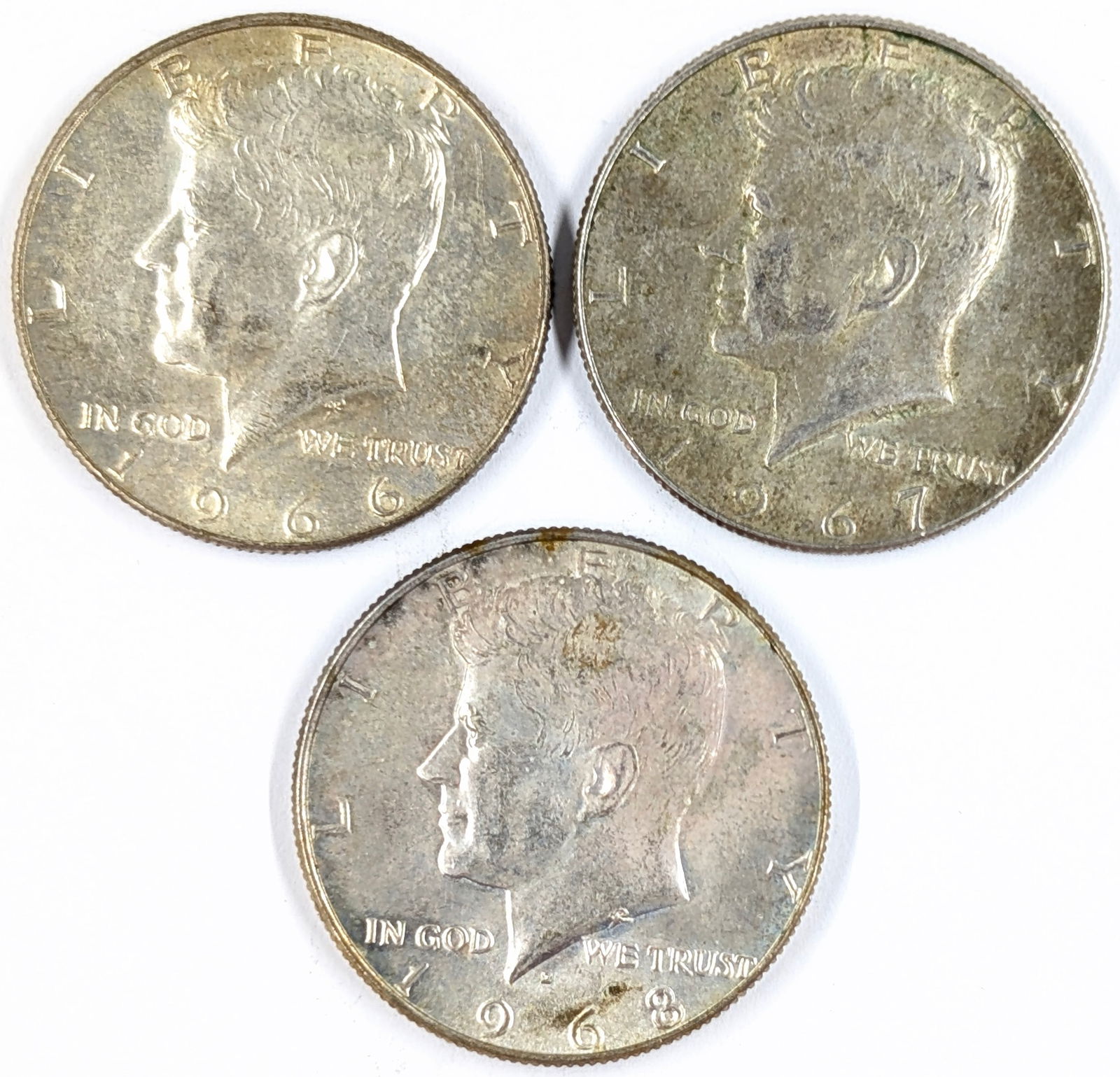 Lot of 3 Silver John F Kennedy Half Dollars - 1966, 1967, 1968-D: 40% Silver 