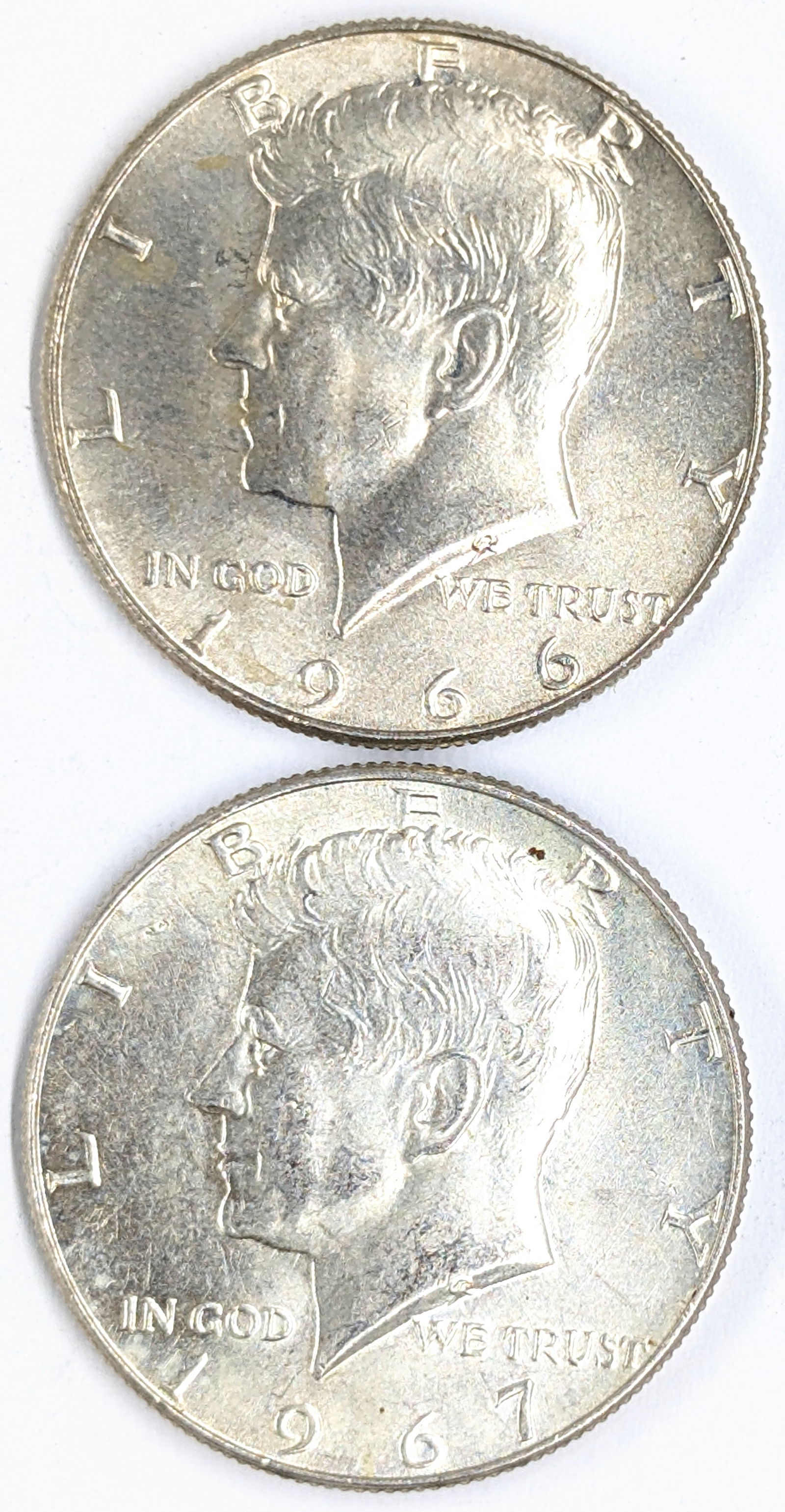 Lot of 2 Silver John F Kennedy Half Dollars - 1966, 1967: 40% Silver 