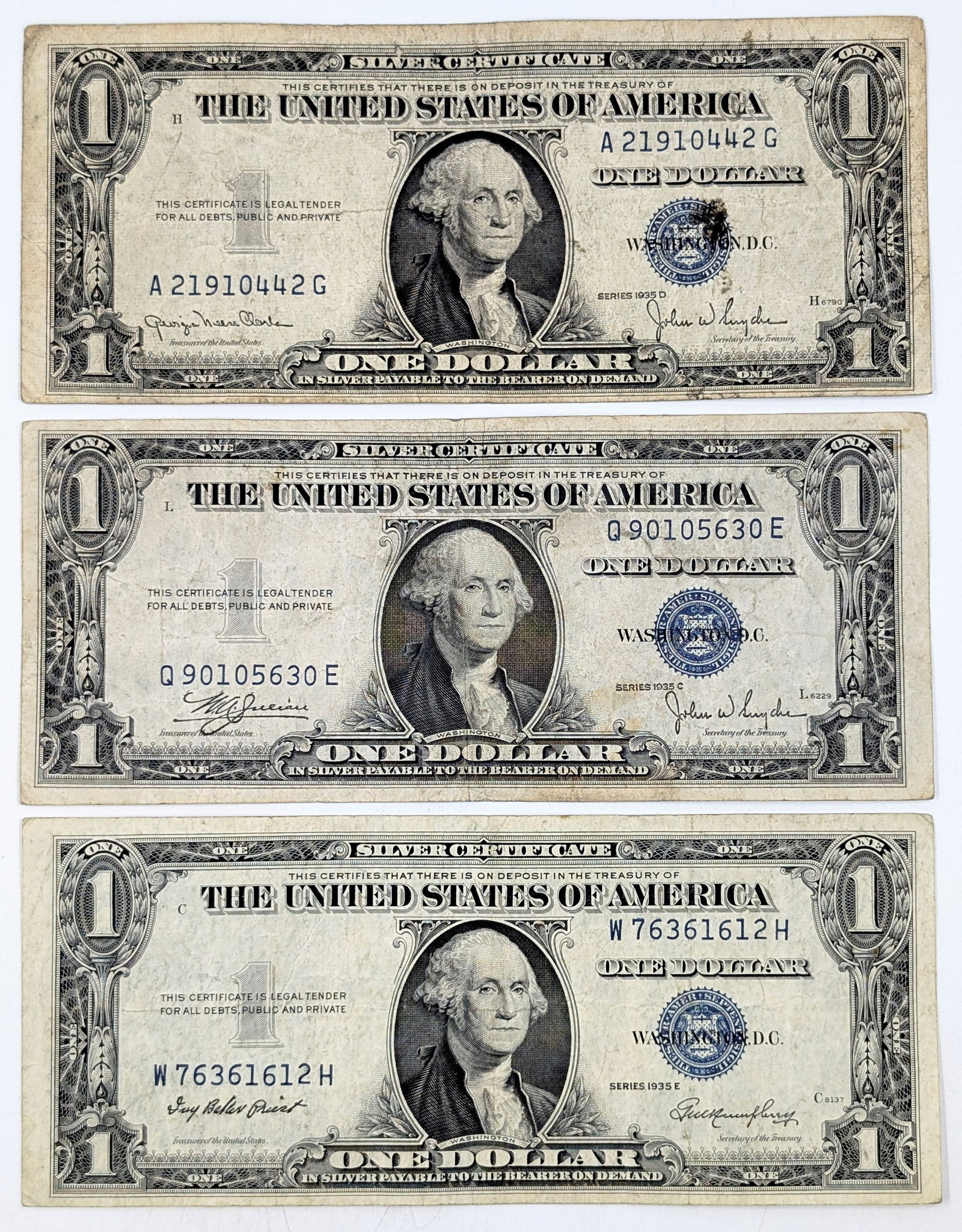 Lot of 3 - 1935 C/D/E $1 Notes - Silver Certificates (1 of 2)
