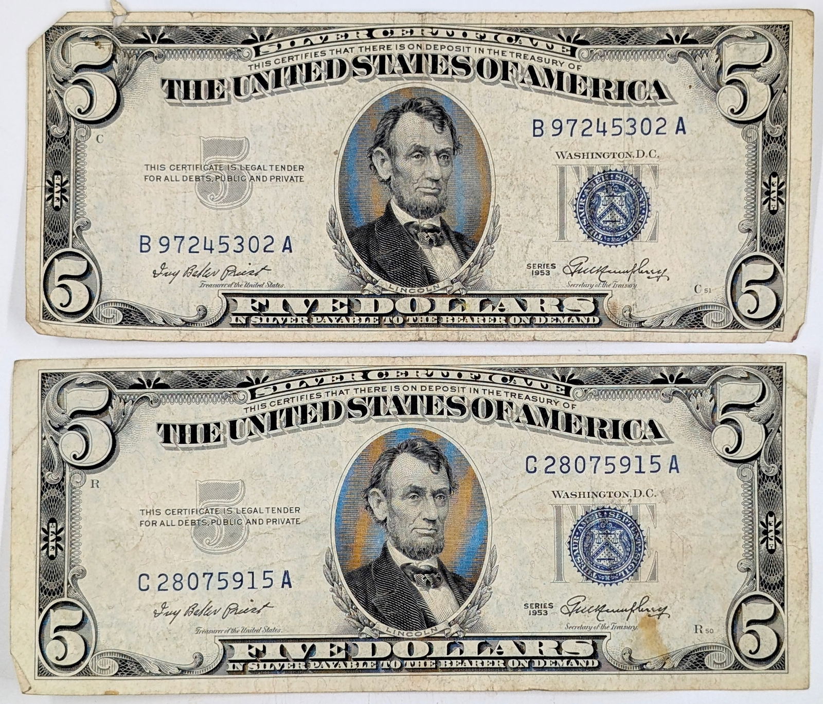 Lot of 2 - 1953 $5 Notes - Silver Certificates (1 of 2)