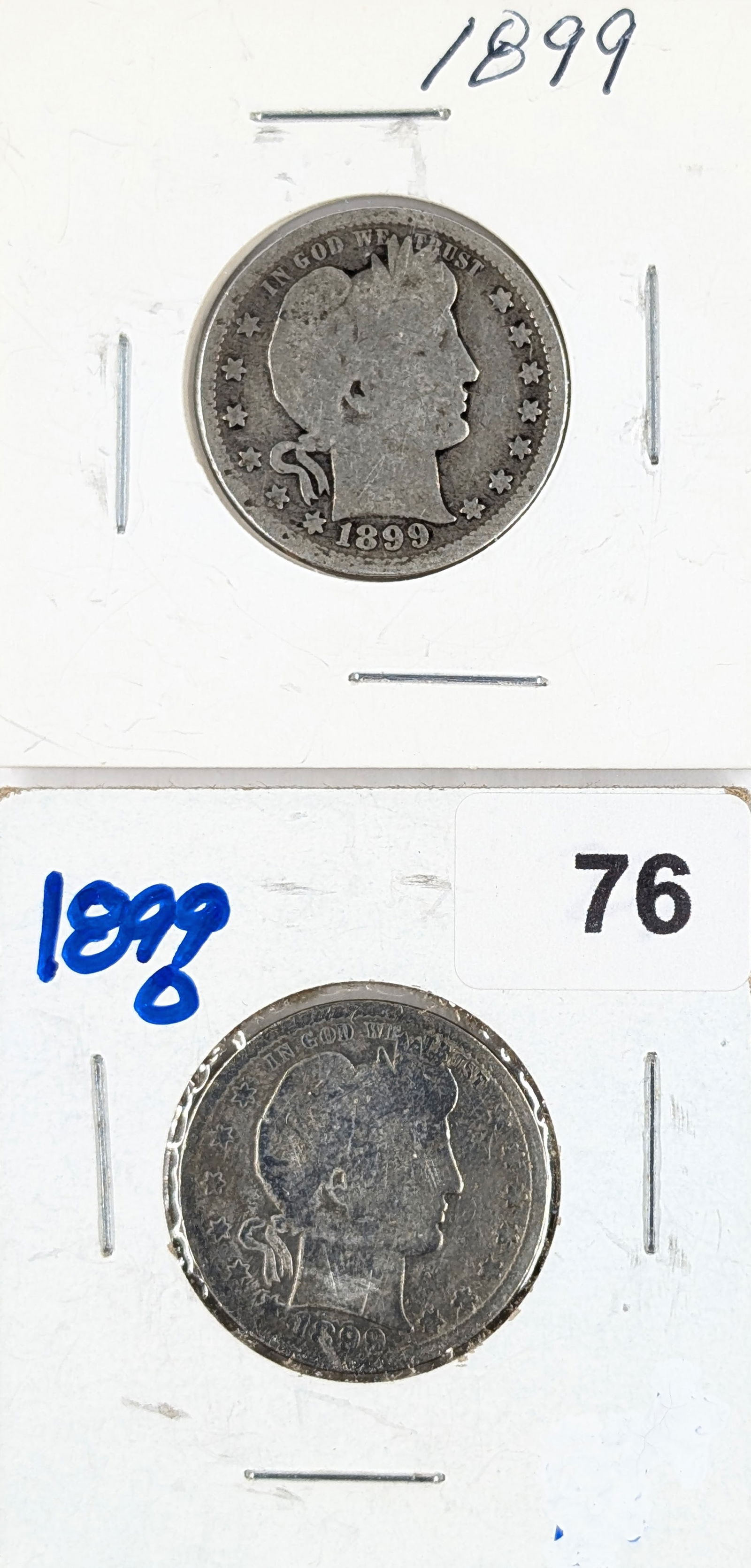 Lot of 2 Silver Barber Quarters - 1899 P/O: Silver