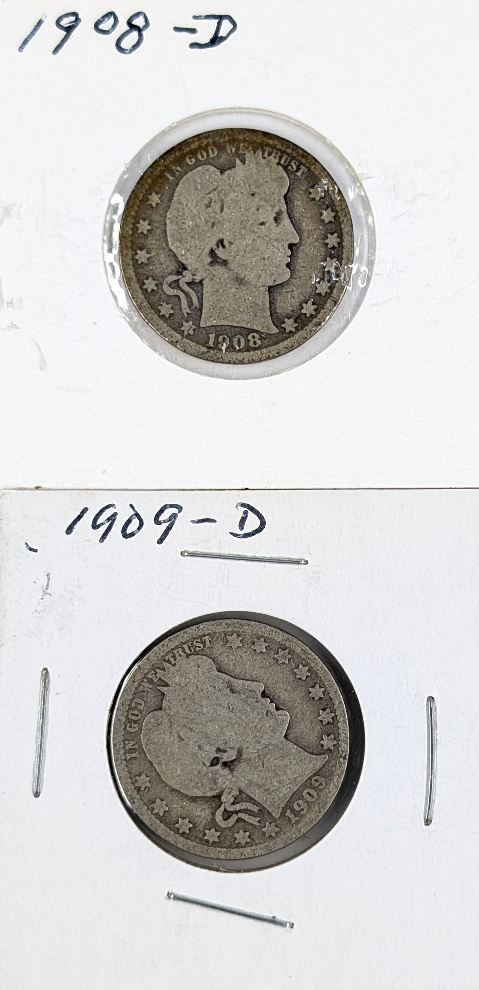 Lot of 2 Silver Barber Quarters - 1908-D, 1909-D: Silver