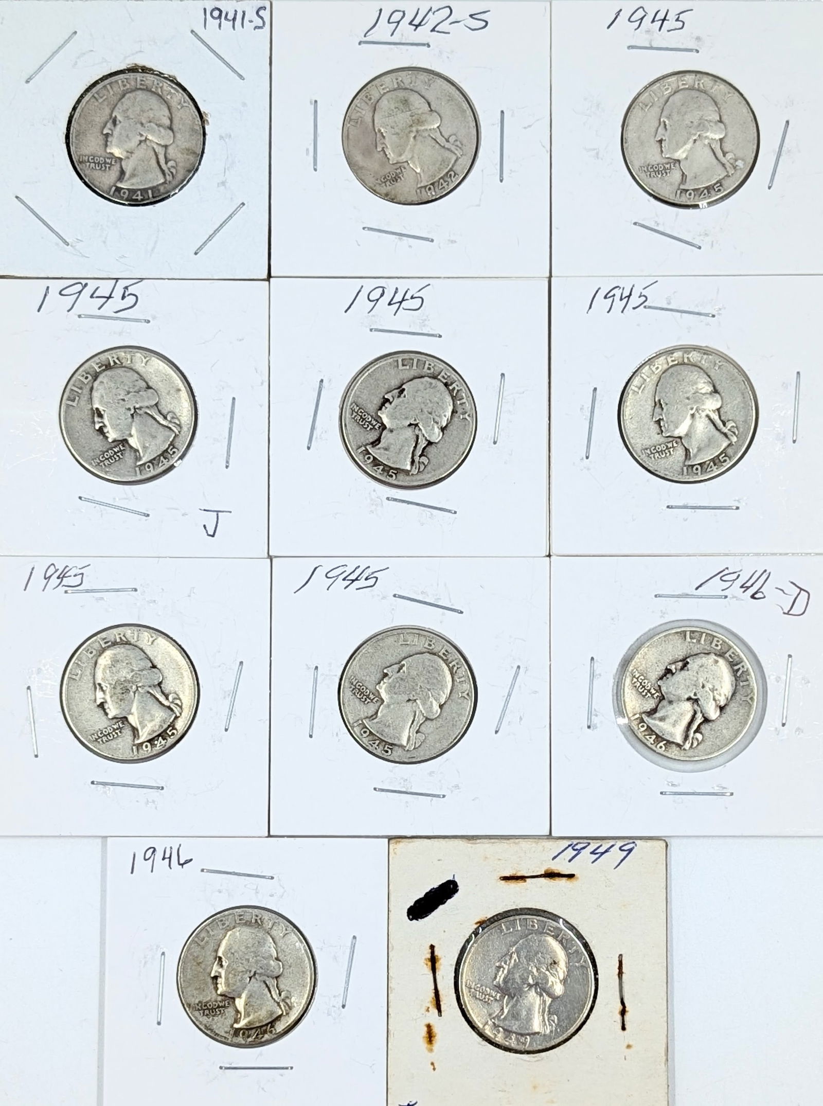 Lot of 11 Silver Washington Quarters - 1941-1949 (1 of 2)