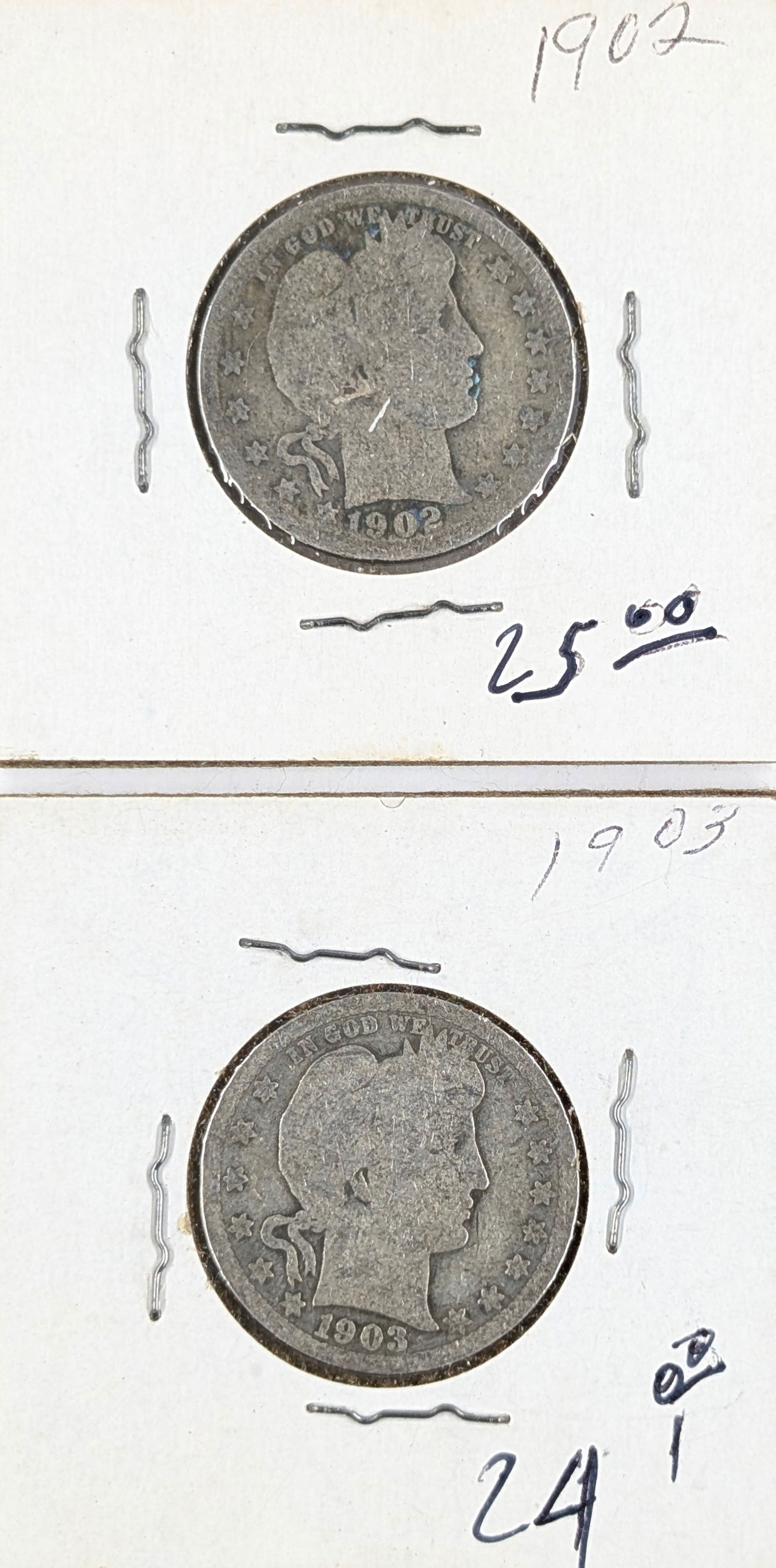 Lot of 2 Silver Barber Quarters - 1902, 1903: Silver