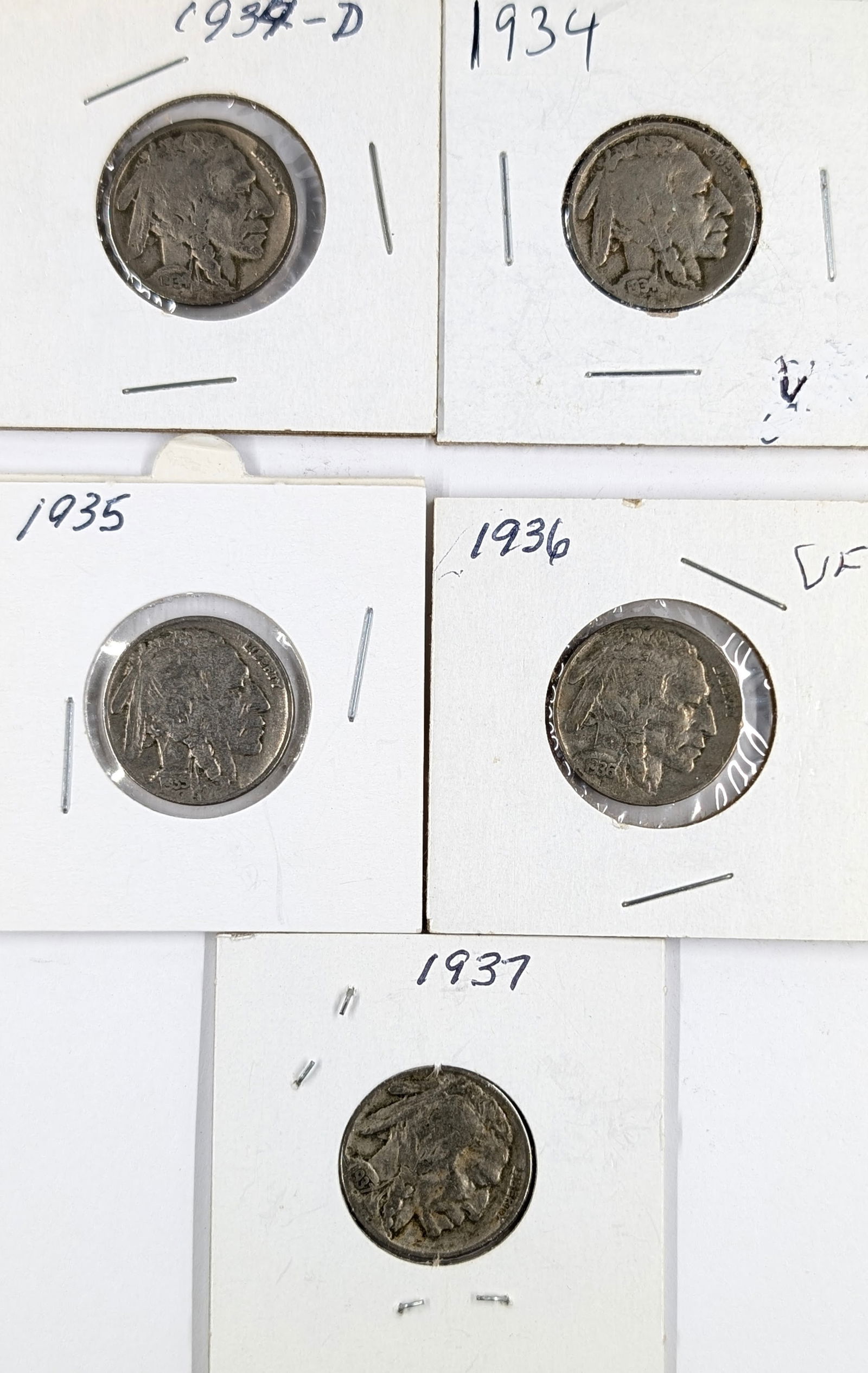 Lot of 5 Buffalo Head Nickels - 1934-1937: Coin 