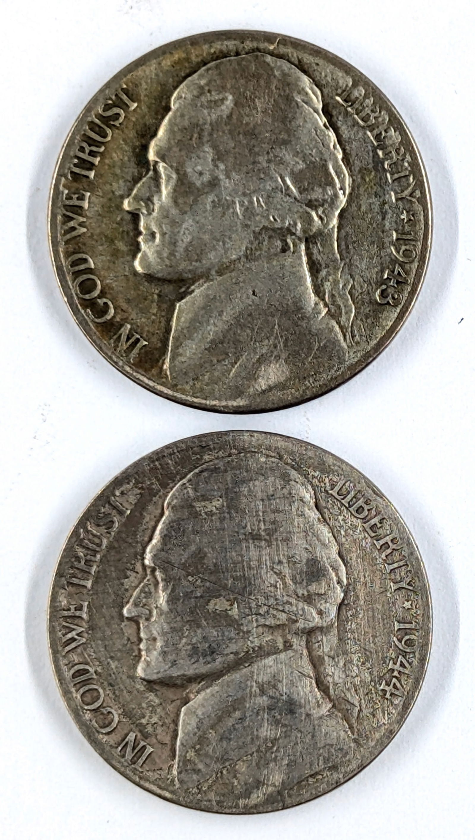 Lot of 2 Silver War Nickels - 1943-S, 1944-S: 35% Silver 