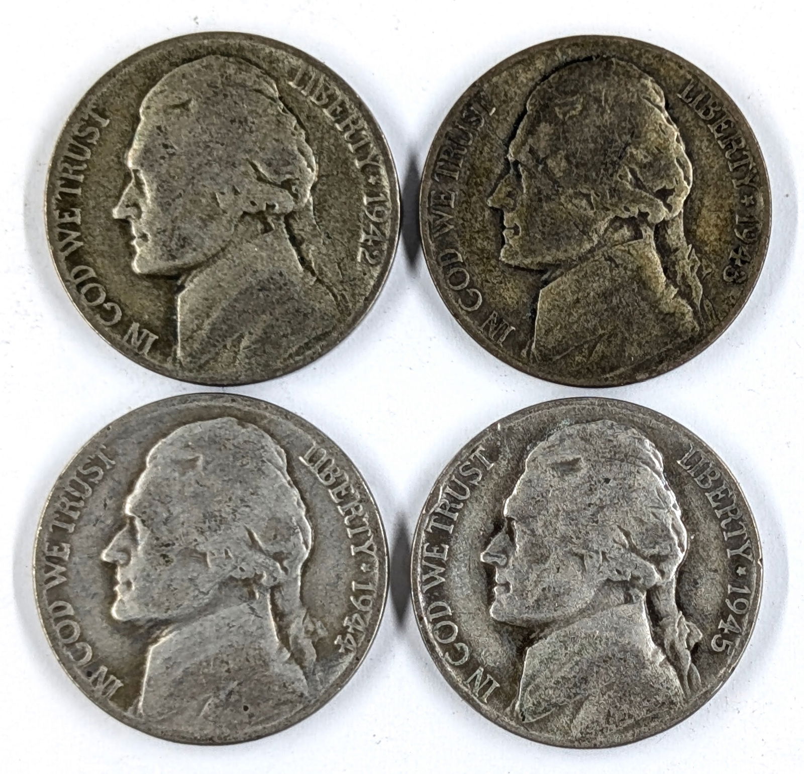 Lot of 4 Silver War Nickels - 1942-1945: 35% Silver 