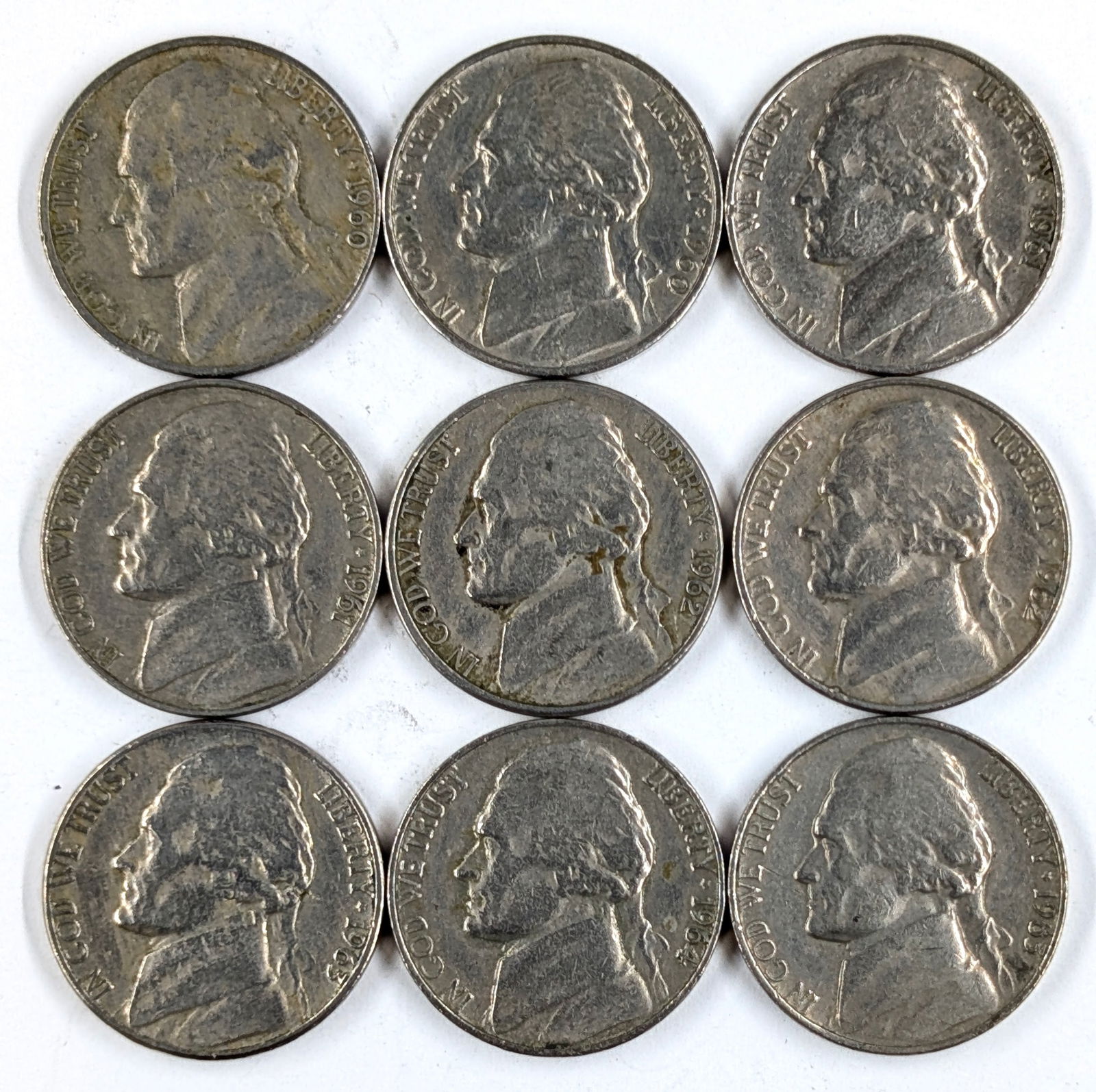 Lot of 9 Jefferson Nickels - 1960-1964: Coin 