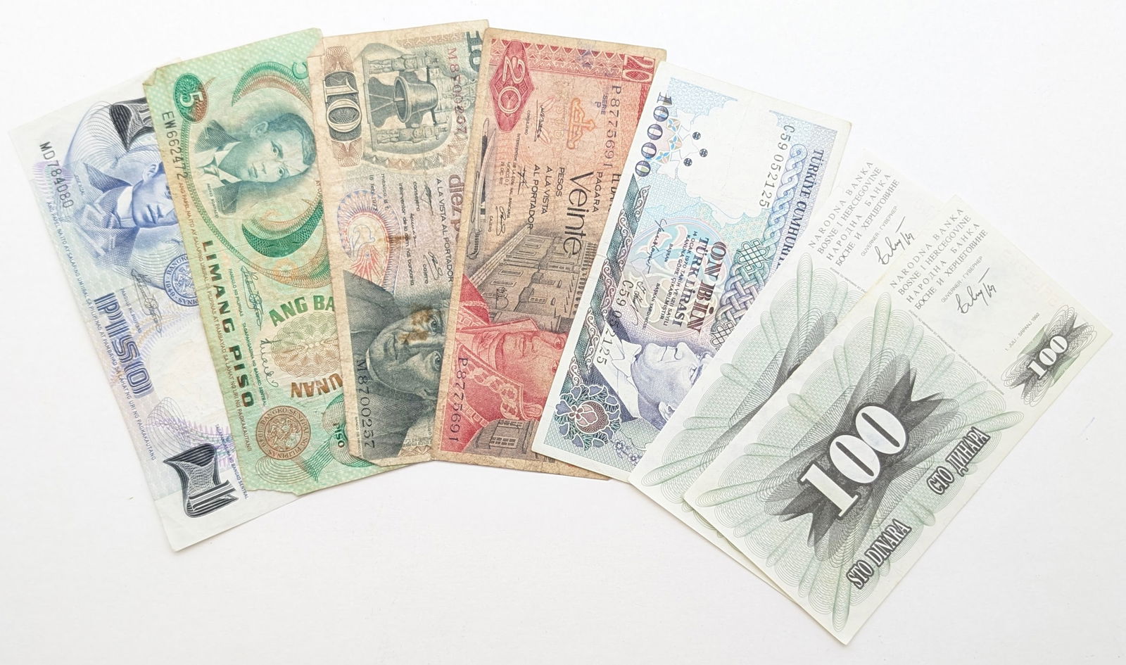 Lot of 7 Foreign Notes - Mexico, Turkey, etc.: Currency 