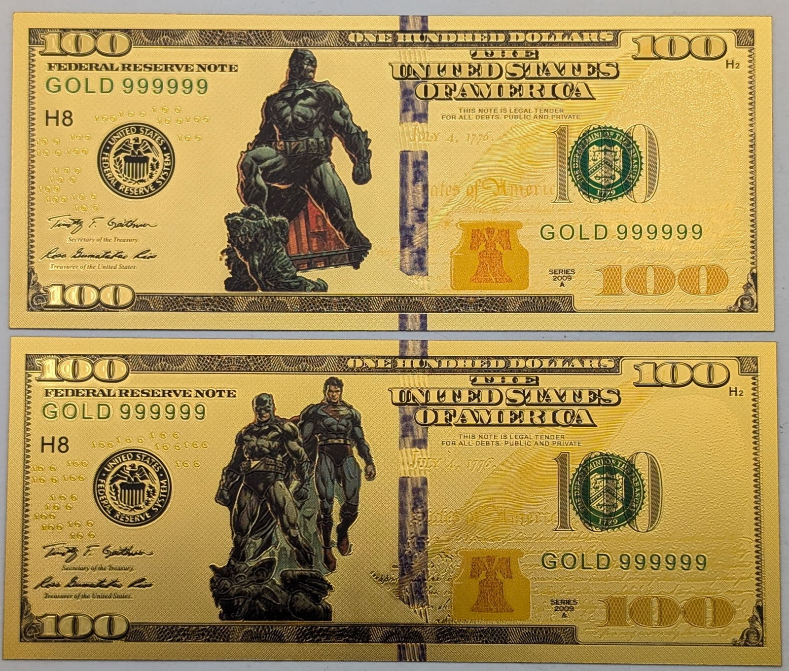 Lot of 2 Batman/Superman Gold foil $100 design: Gold foil 