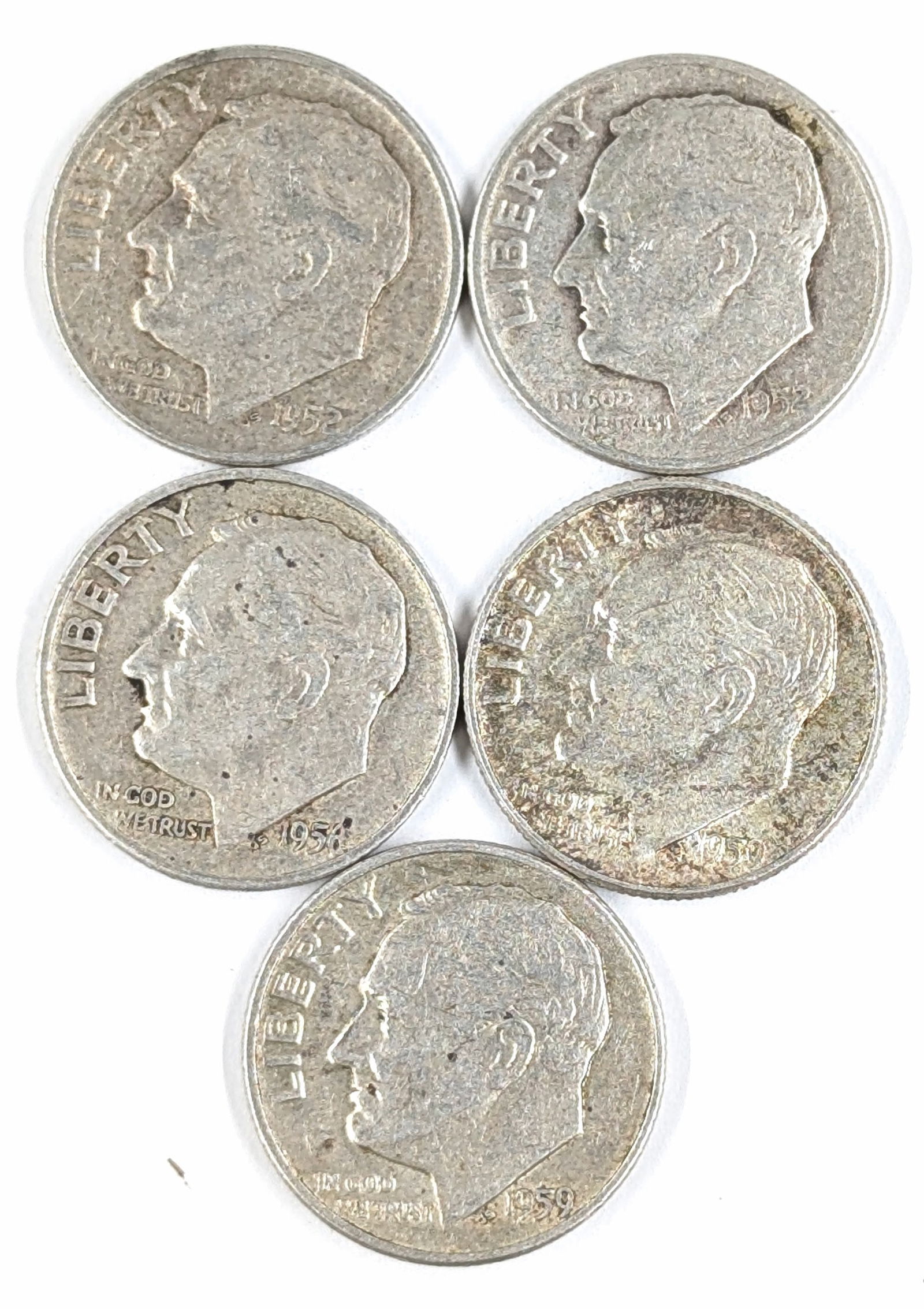 Lot of 5 Silver Roosevelt Dimes - 1952-1959 (1 of 2)