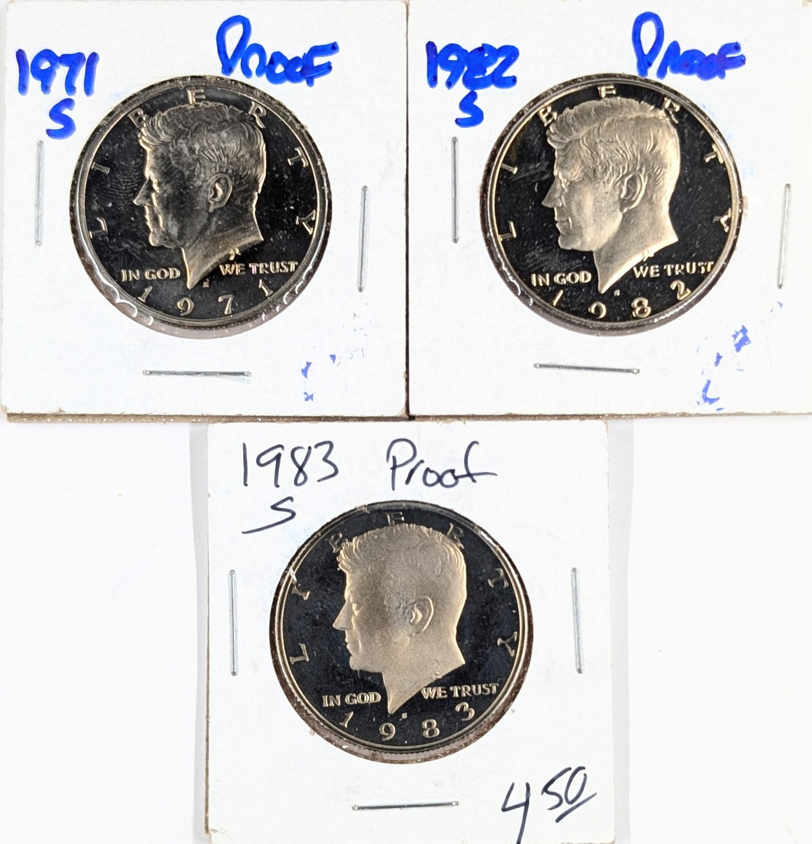 Lot of 3 Proof John F Kennedy Half Dollars - 1971-S, 1982-S, 1983-S: Silver 
