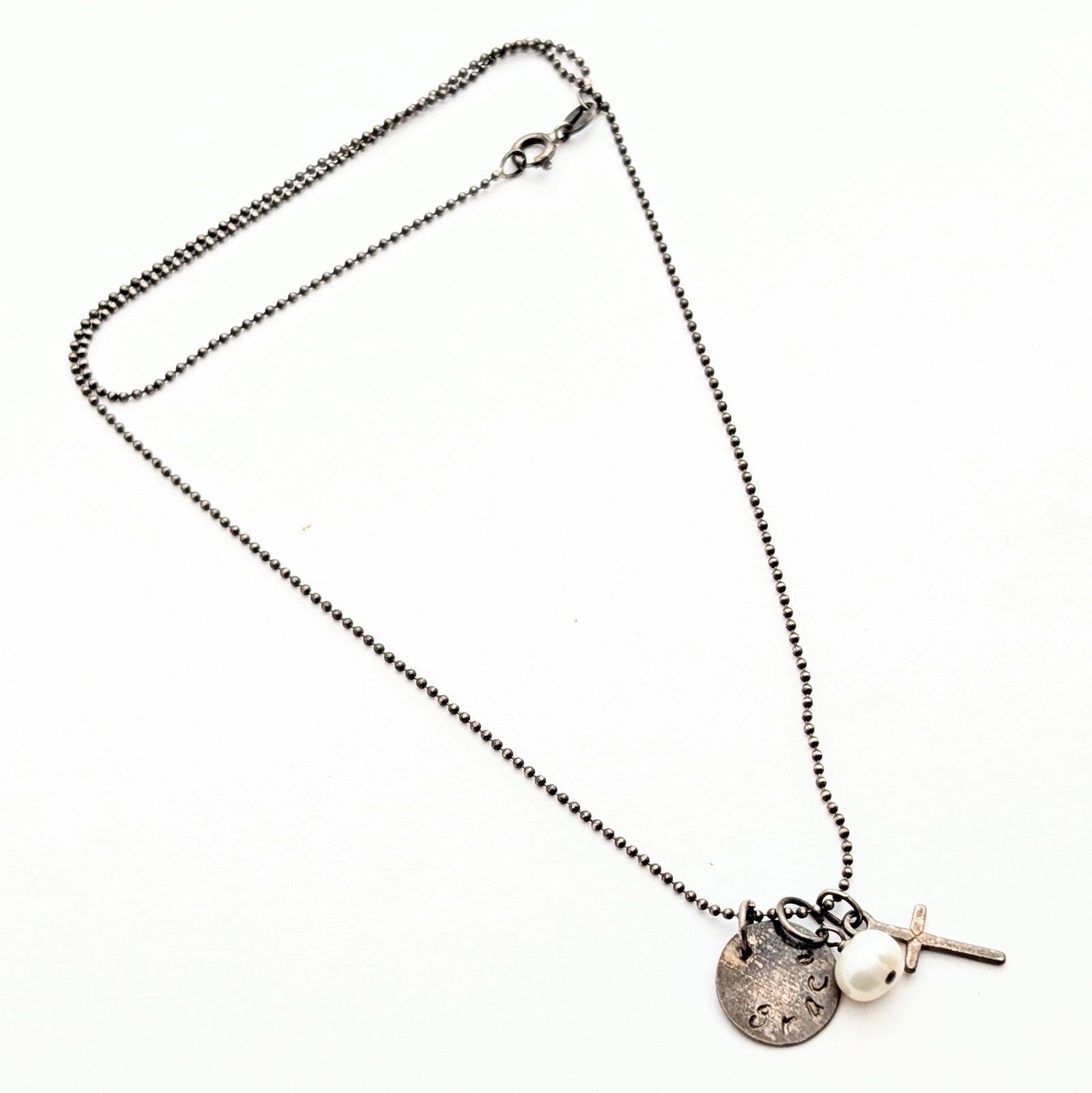 Italian Sterling Silver 'Grace" & Cross Ladies Necklace: Length: 18in 