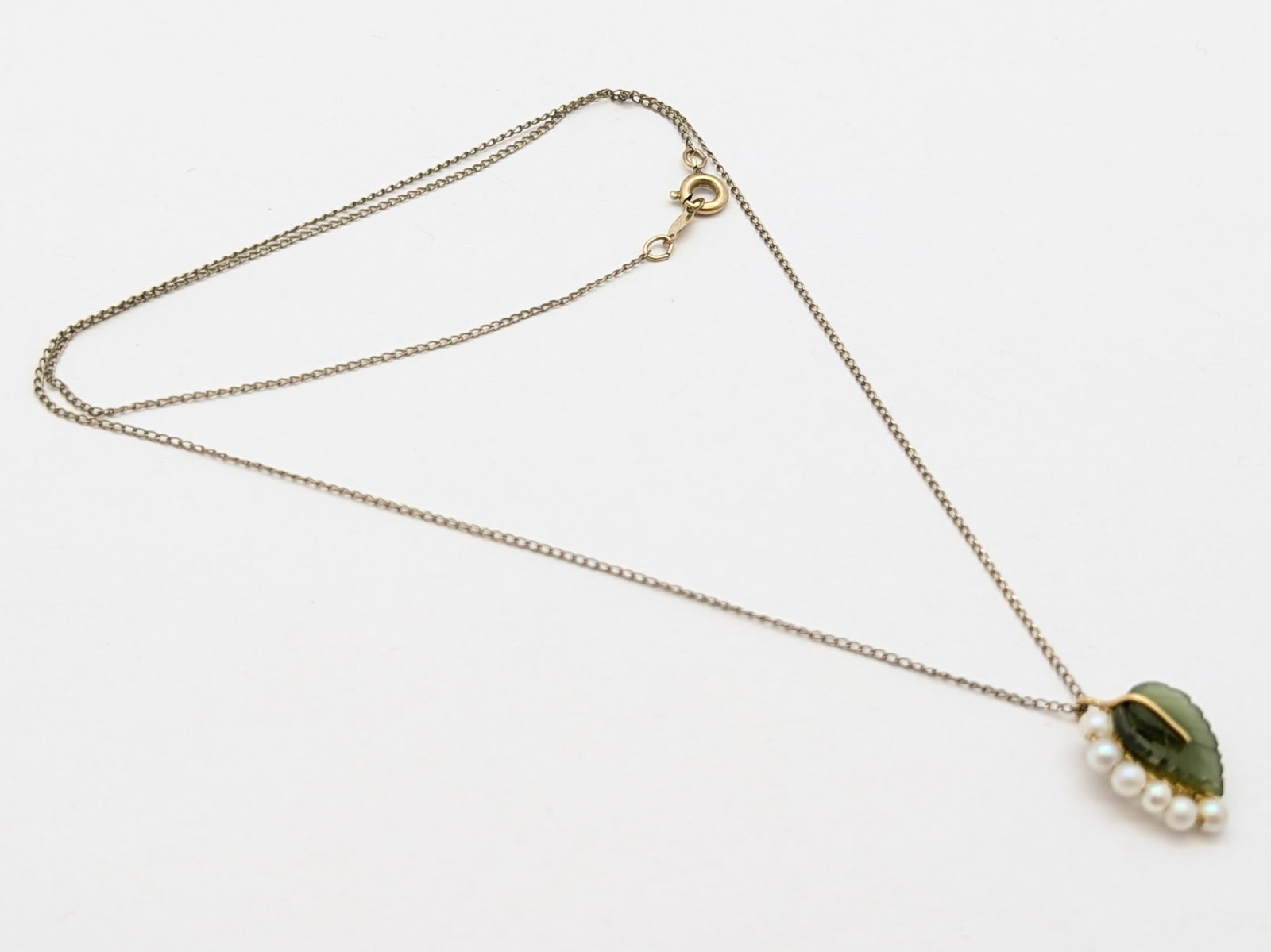 12K Gold filled Green Leaf Pearl Ladies Necklace on 14K Gold filled Wells Chain: Length: 18in 