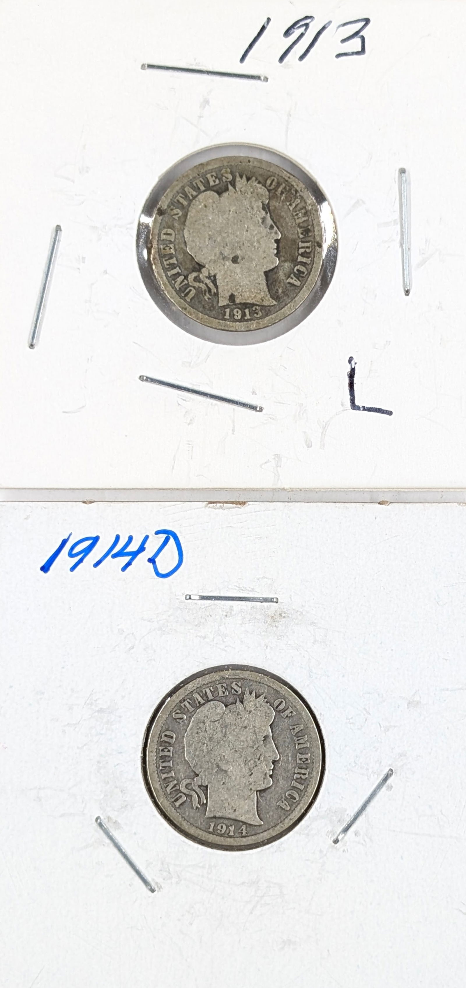 Lot of 2 Silver Barber Dimes - 1913, 1914-D: Silver 