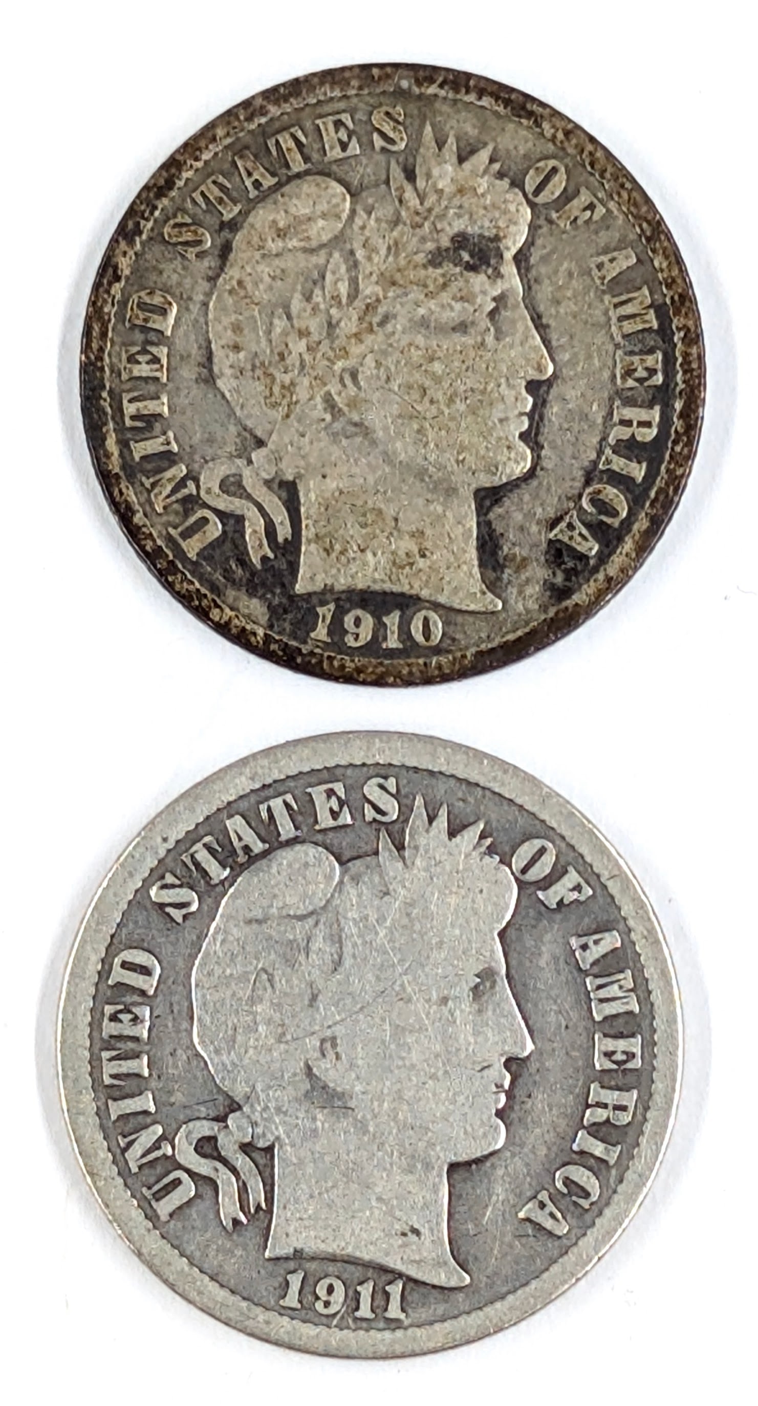 Lot of 2 Silver Barber Dimes - 1910, 1911: Silver 