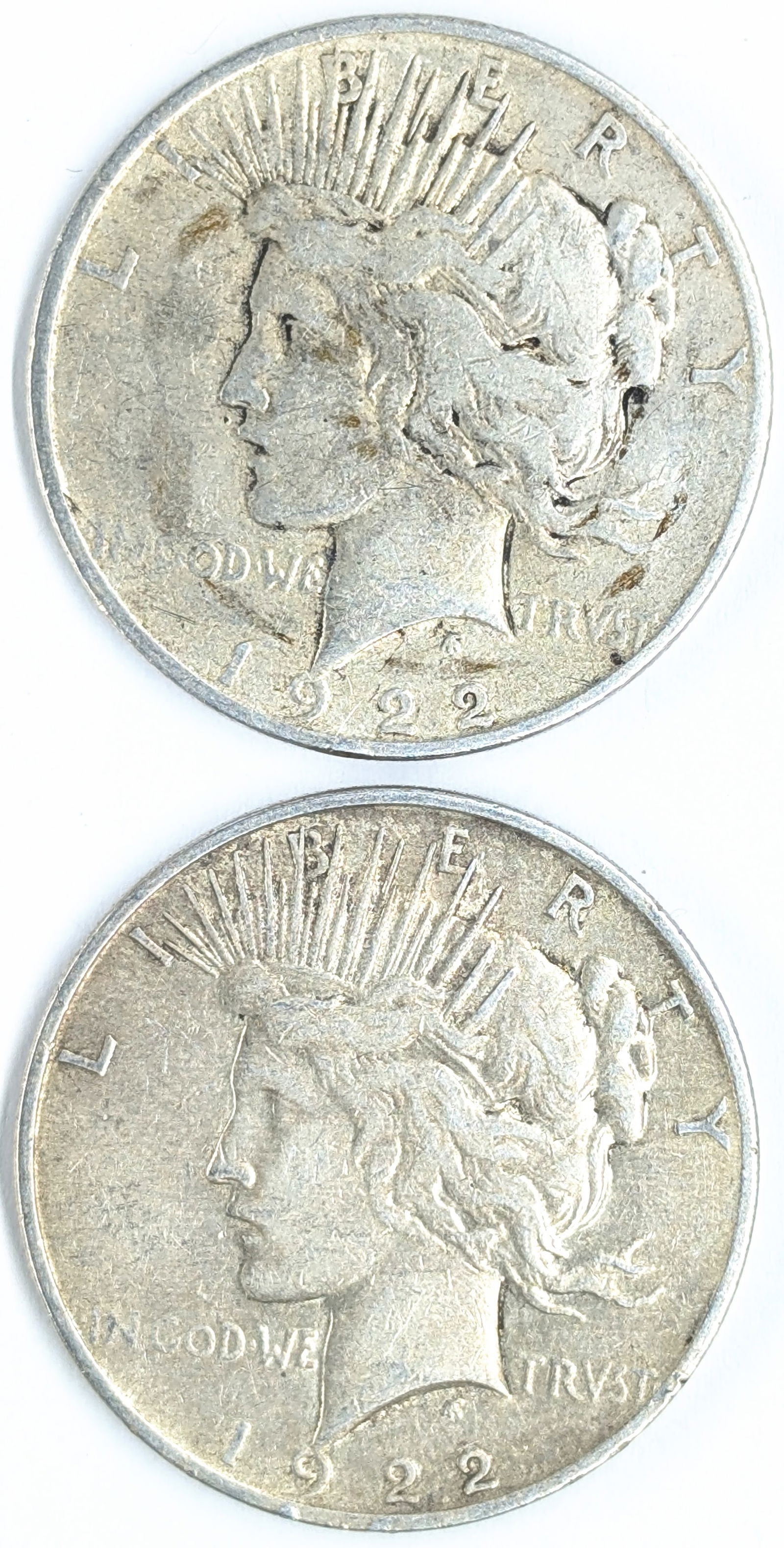 Lot of 2 Silver Peace Dollars - Both 1922-D (1 of 2)