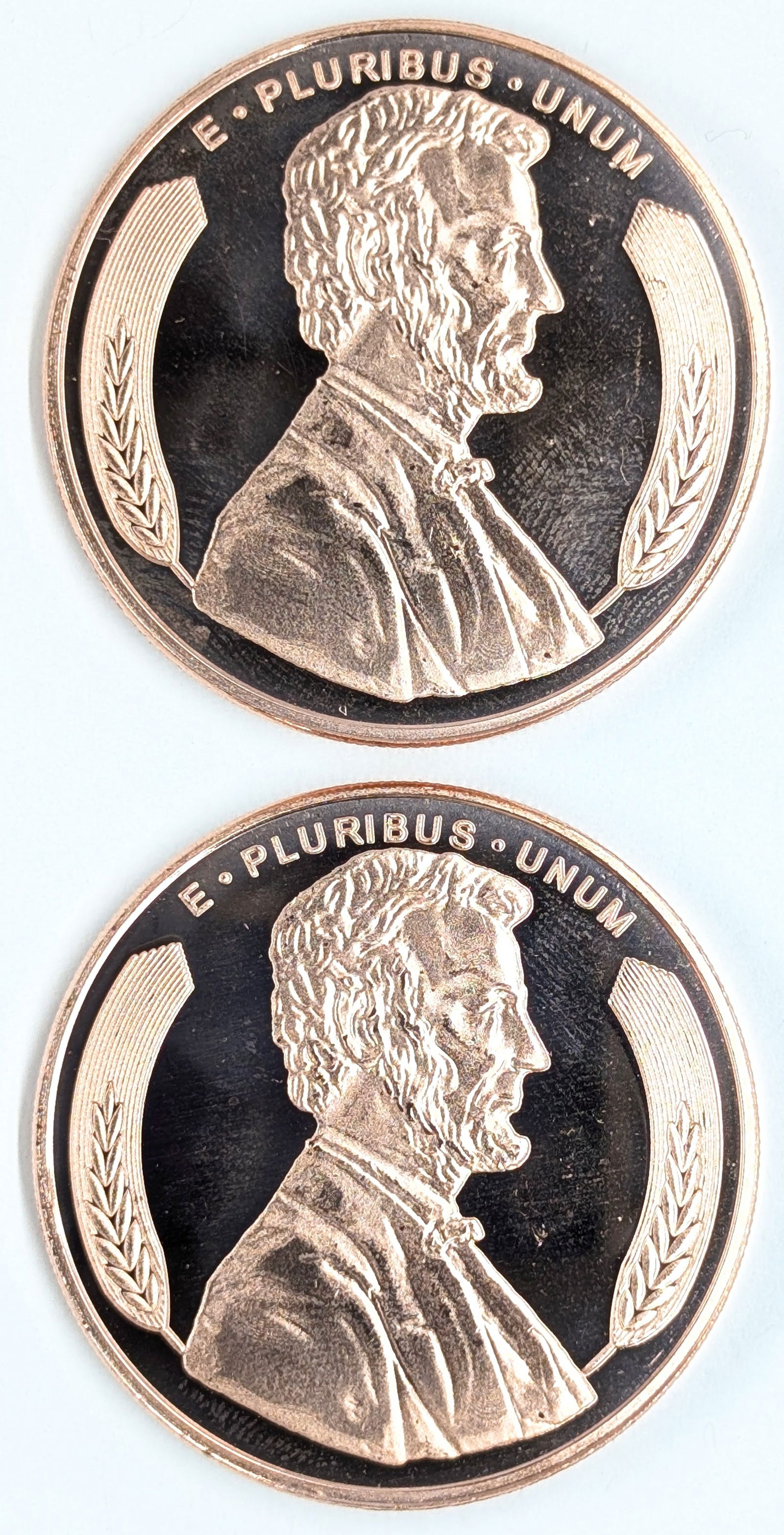 Lot of 2 - 1 Ounce (each) Fine .999 Copper Rounds - Lincolns: Copper 